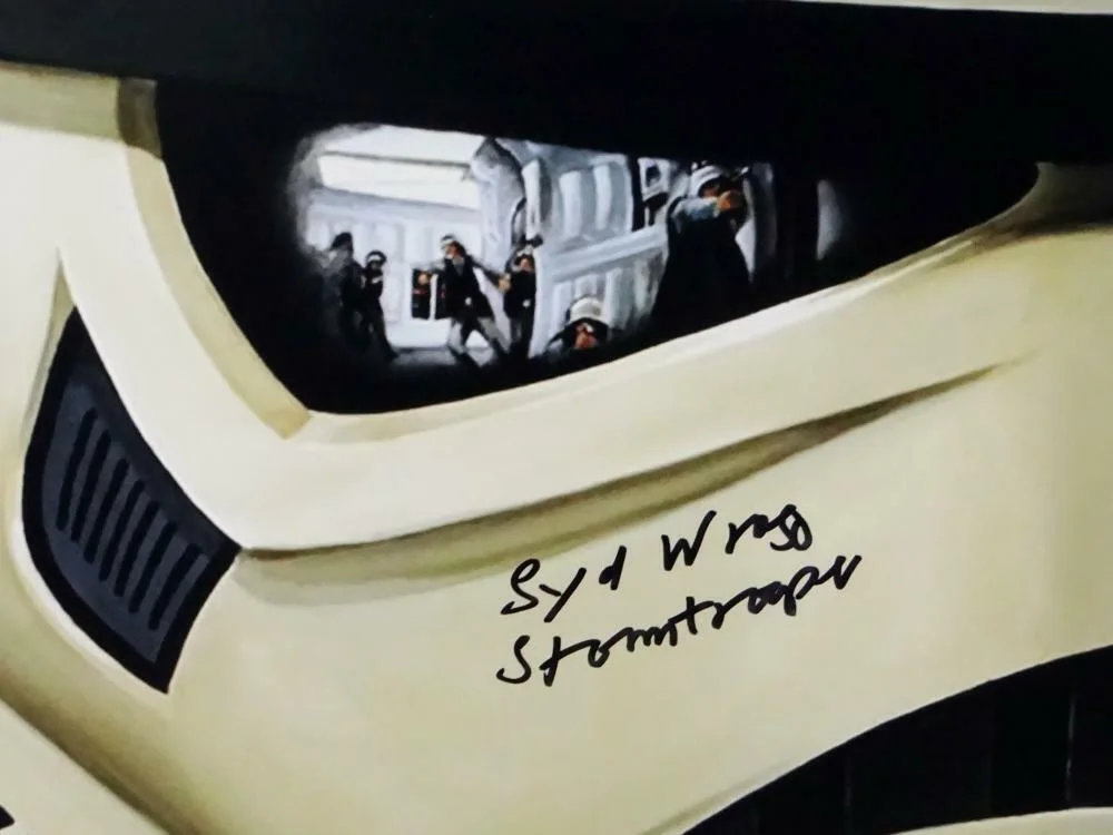 Syd Wragg — Syd Wragg Autographed 11x14 Mask Close Up Photo w/ Stormtrooper- JSA Auth *Black, image 2
