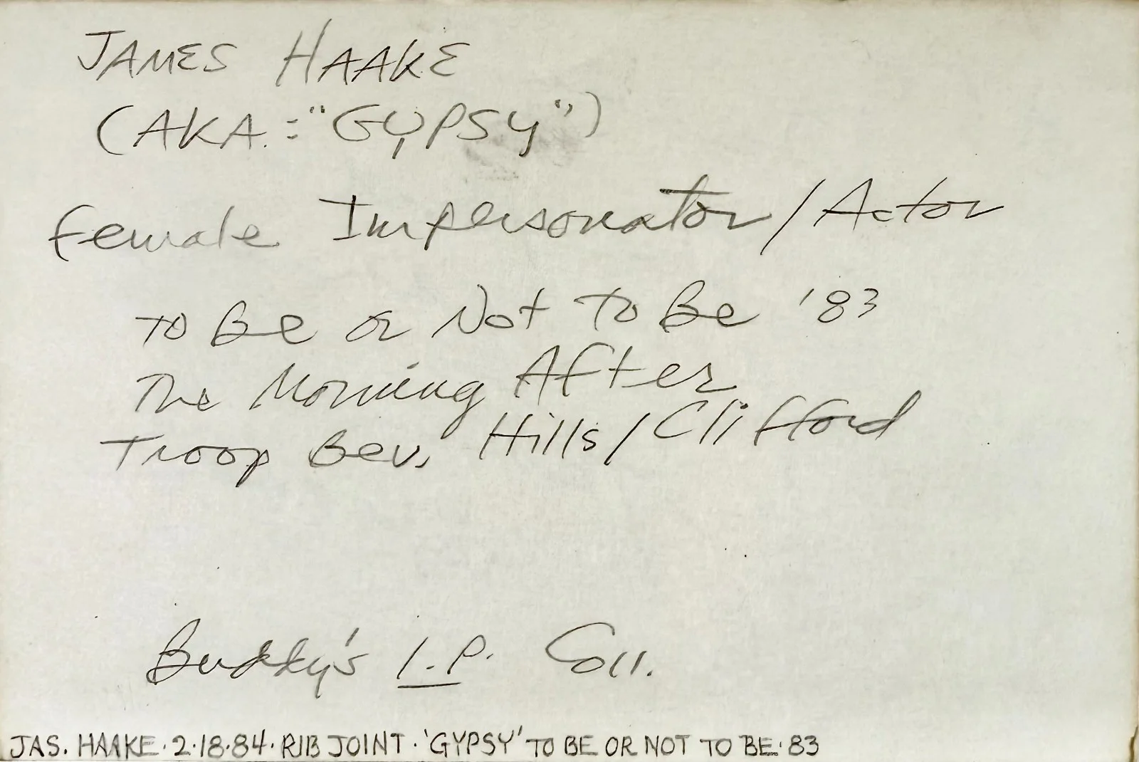 James Gypsy Haake — JAMES 'GYPSY' HAAKE Signed Autographed 4"x 6" INDEX CARD Transvestite Clifford, image 3