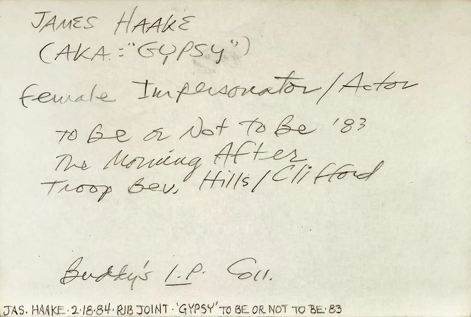 James Gypsy Haake — JAMES 'GYPSY' HAAKE Signed Autographed 4"x 6" INDEX CARD Transvestite Clifford, image 5
