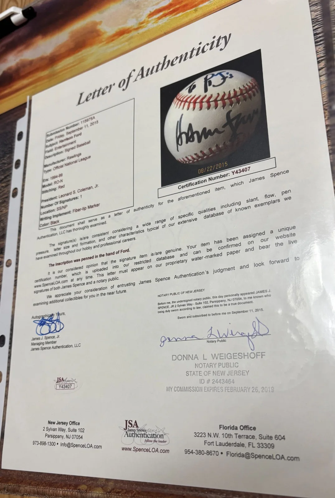 Harrison Ford — 🔥 Harrison Ford Signed ONL Baseball Auto Movie Actor Star Wars Han Solo JSA 🔥, image 4