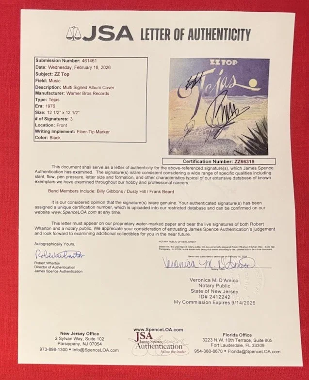 ZZ TOP Billy Gibbons Dusty Hill Frank Beard Autographed TEJAS Vinyl Album JSA, image 3