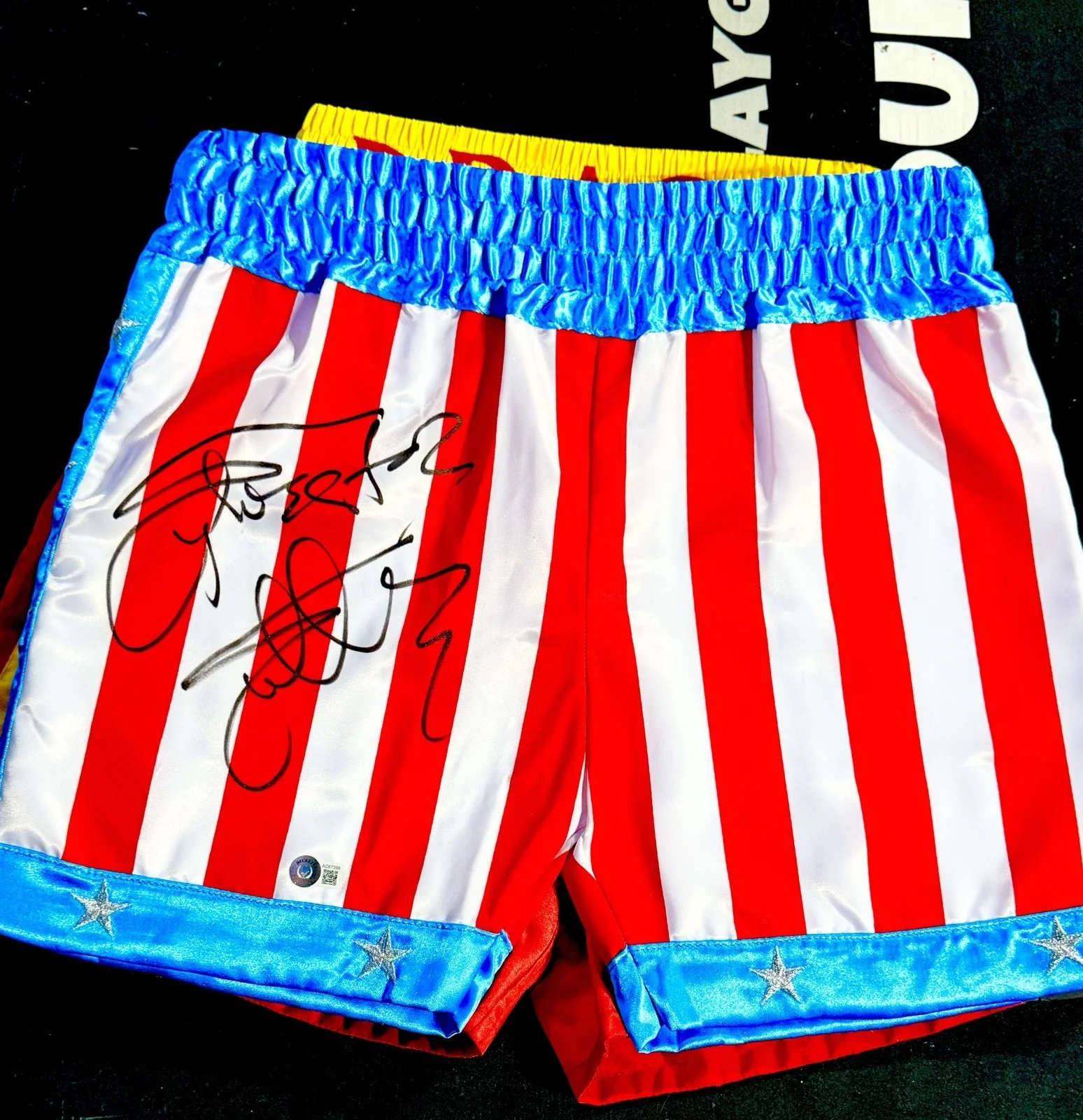 Sylvester Stallone, Dolph Lundgren — Sylvester Stallone Dolph Lundgren Signed Trunks Rocky IV Beckett And PSA COA, image 4
