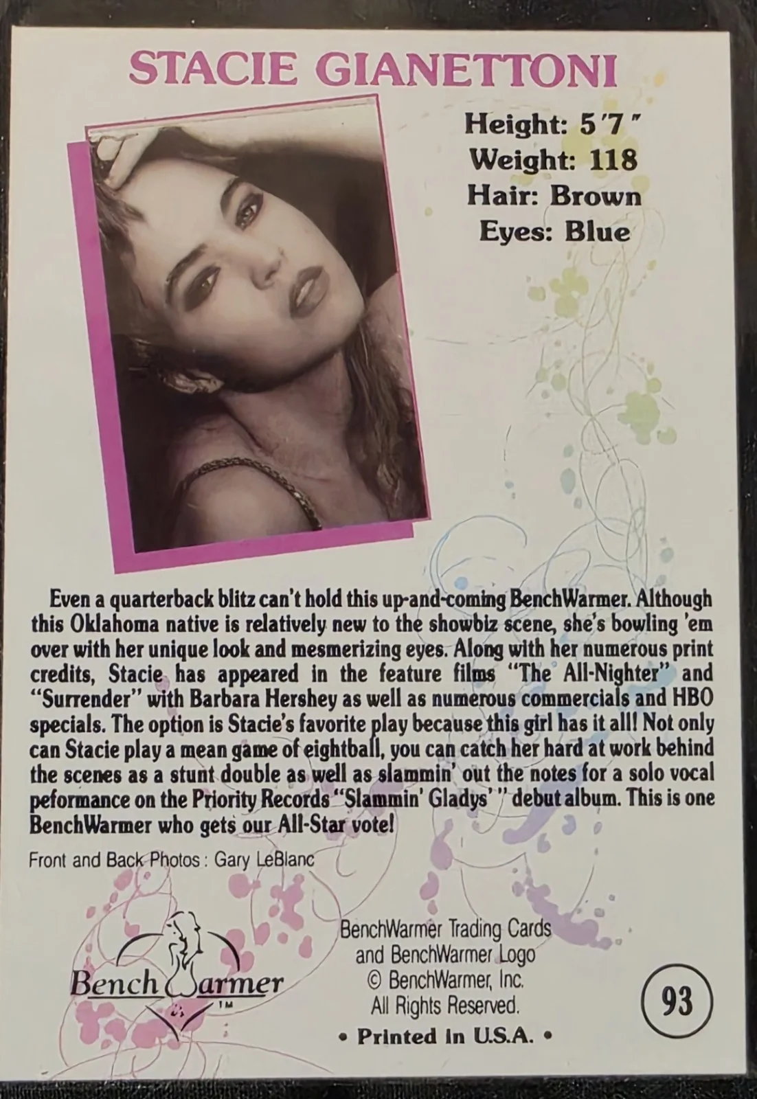 Stacie Gianettoni — Stacie Gianettoni - 1992 Bench Warmer Autographs #93, image 2