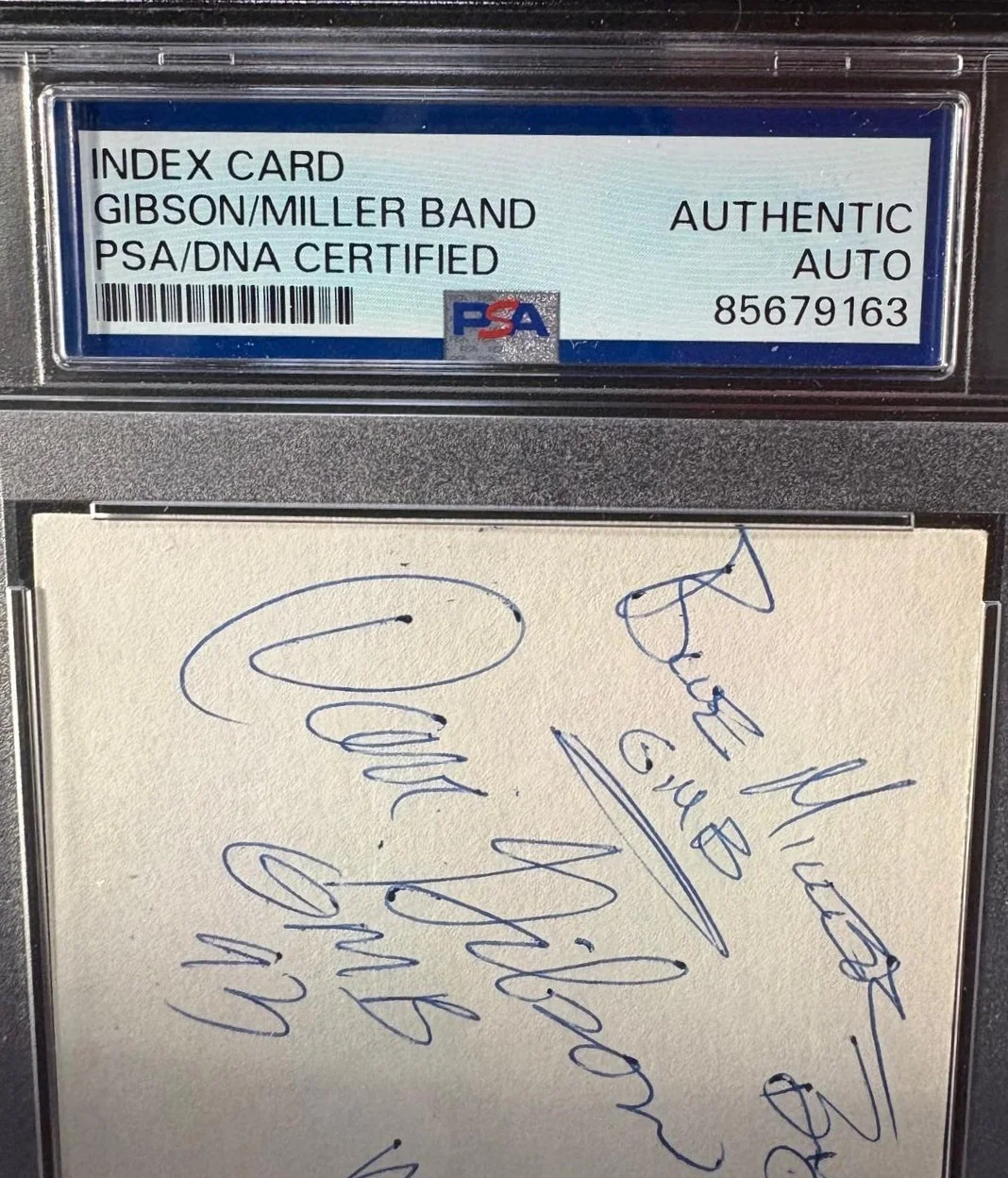 Mike Daly Dave Gibson Bryan Grassmeyer Steve Grossman Blue Mille — GIBSON MILLER BAND SIGNED INDEX CARD PSA ENCAPSULATED DALY GRASSMEYER GROSSMAN, image 2