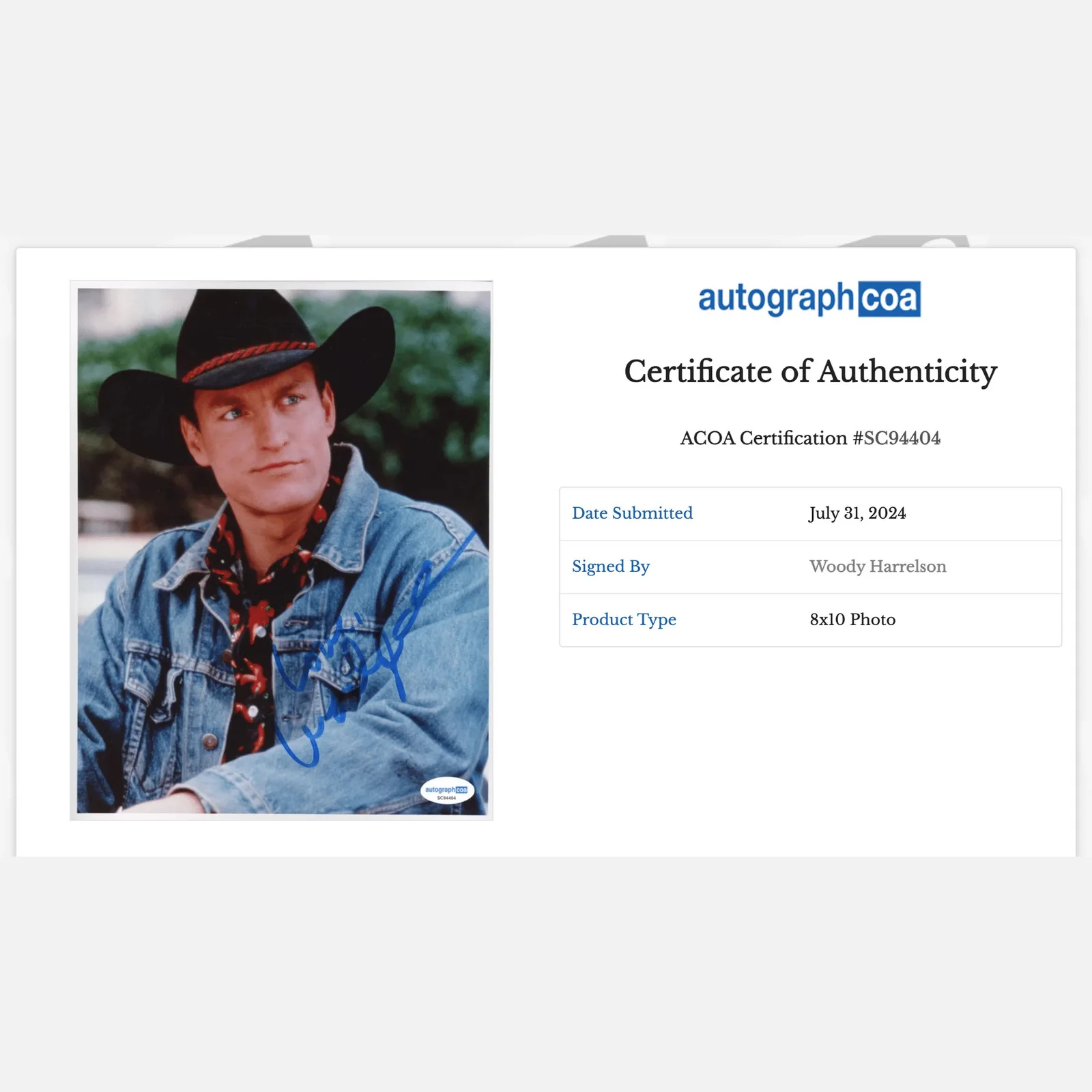 WOODY HARRELSON autograph ACOA signed 8x10 photography — WOODY HARRELSON autograph ACOA signed 8x10 photography, изображение 2