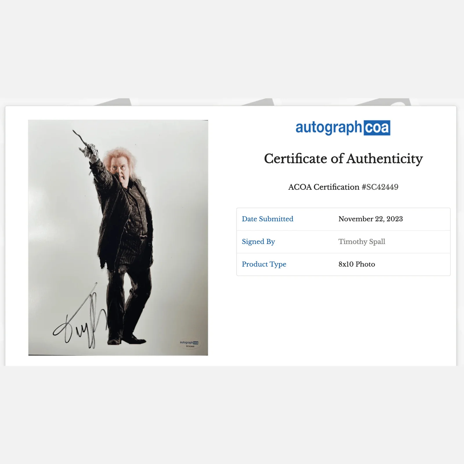 TIMOTHY SPALL autograph ACOA signed 8x10 photography HARRY POTTER — TIMOTHY SPALL autograph ACOA signed 8x10 photography HARRY POTTER, изображение 2