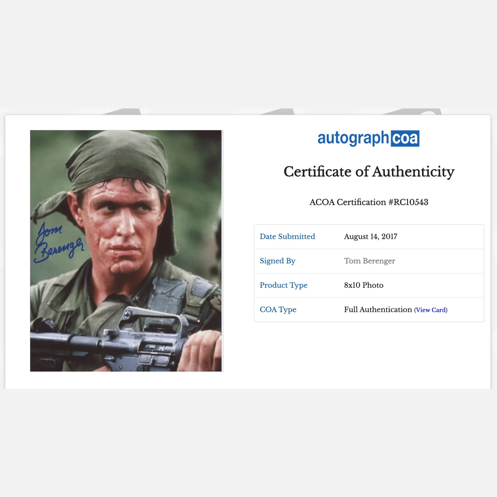 TOM BERENGER autograph ACOA signed 8x10 photography PLATOON — TOM BERENGER autograph ACOA signed 8x10 photography PLATOON, изображение 2