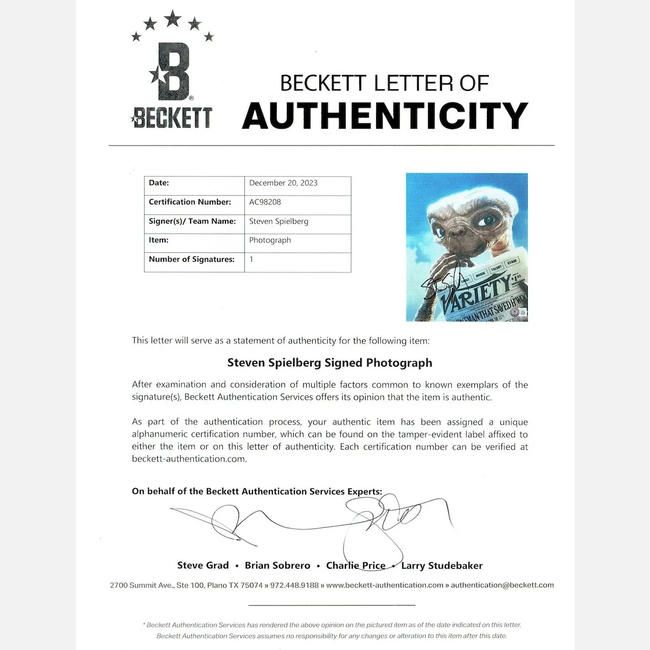 STEVEN SPIELBERG autograph BECKETT LOA signed 8x10 photography ET — STEVEN SPIELBERG autograph BECKETT LOA signed 8x10 photography ET, изображение 2