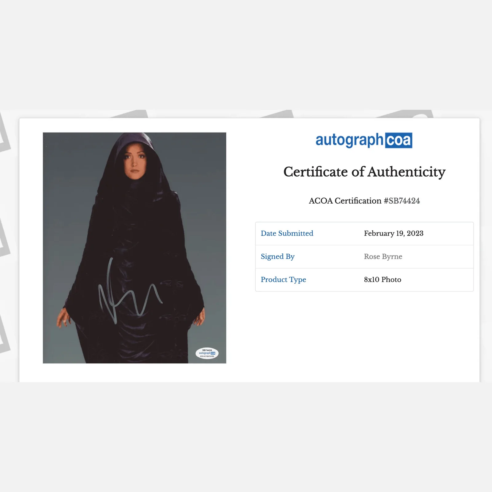 ROSE BYRNE autograph ACOA signed 8x10 photography STAR WARS — ROSE BYRNE autograph ACOA signed 8x10 photography STAR WARS, изображение 2