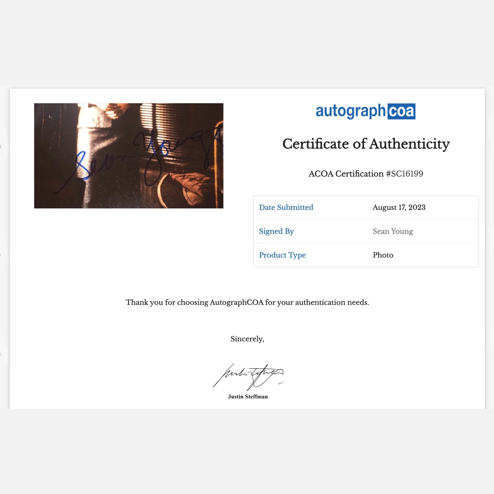 SEAN YOUNG autograph ACOA signed 8x10 photography BLADE RUNNER — SEAN YOUNG autograph ACOA signed 8x10 photography BLADE RUNNER, image 3