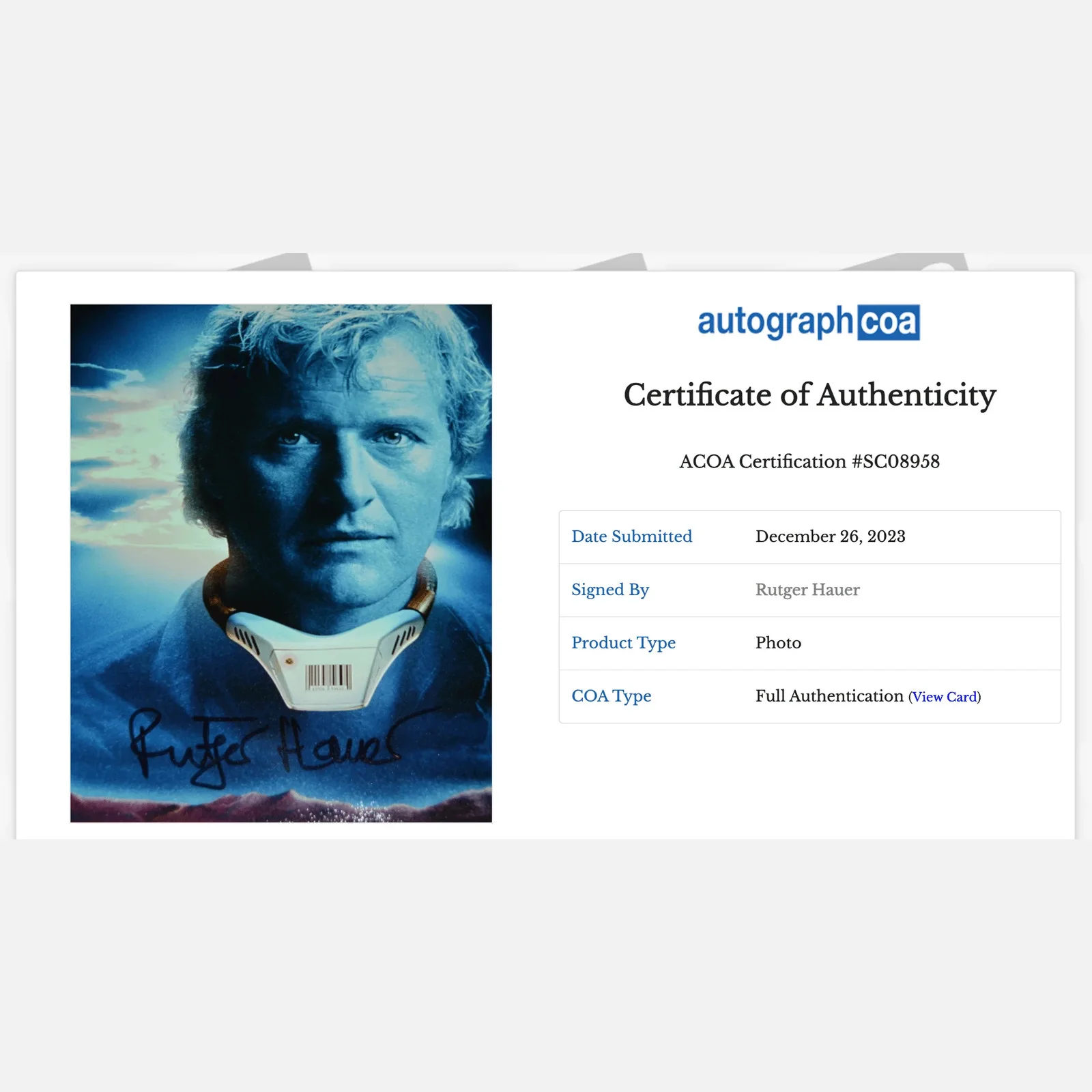 RUTGER HAUER autograph ACOA signed 8x10 photography — RUTGER HAUER autograph ACOA signed 8x10 photography, image 2