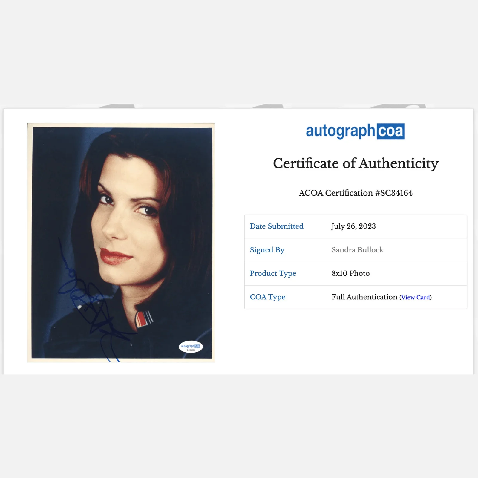 SANDRA BULLOCK autograph ACOA signed 8x10 photography DEMOLITION — SANDRA BULLOCK autograph ACOA signed 8x10 photography DEMOLITION MAN, изображение 2