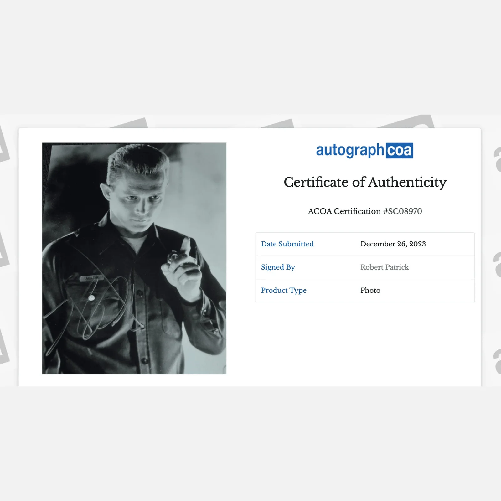 ROBERT PATRICK autograph ACOA signed 8x10 photography TERMINATOR — ROBERT PATRICK autograph ACOA signed 8x10 photography TERMINATOR 2, image 2