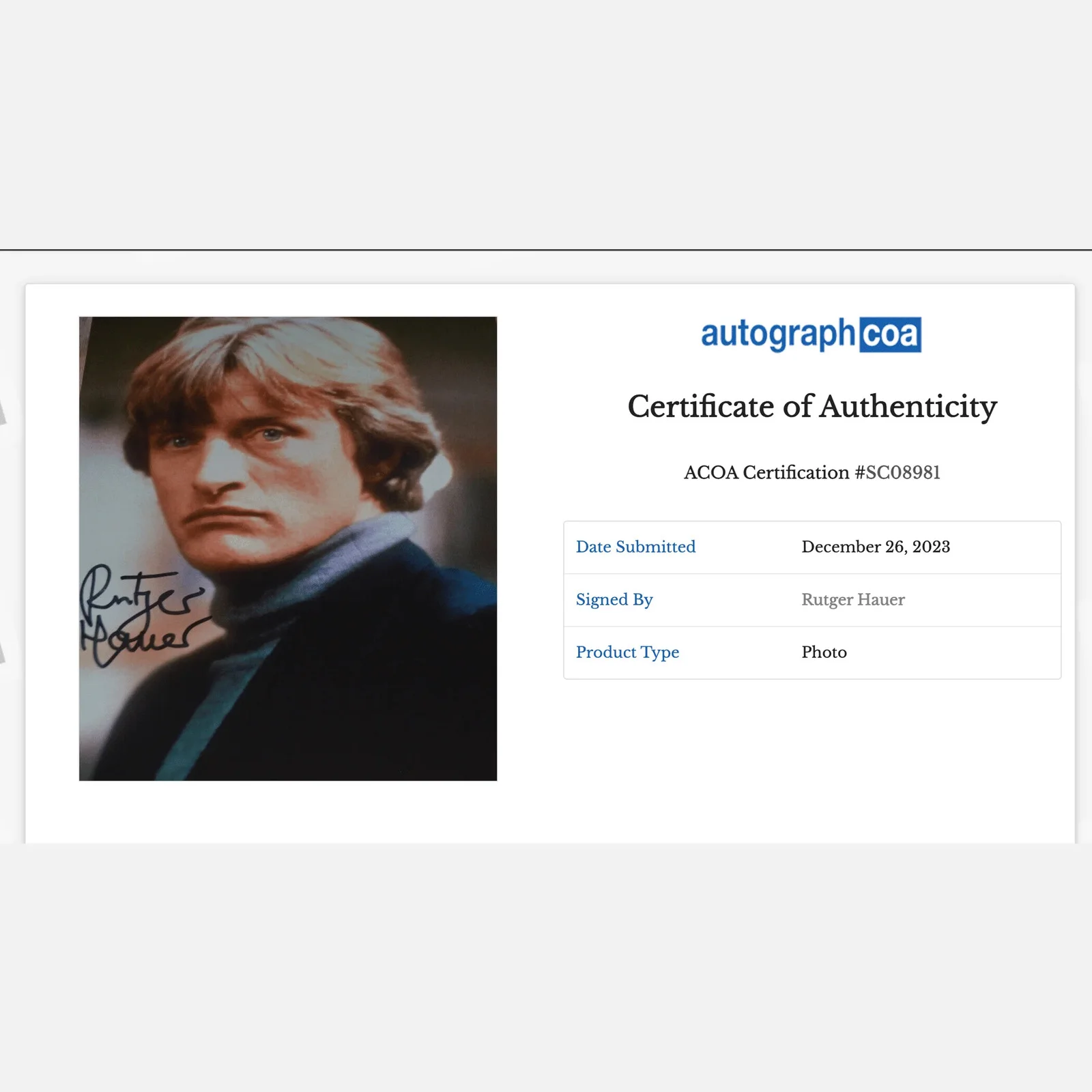 RUTGER HAUER autograph ACOA signed 8x10 photography — RUTGER HAUER autograph ACOA signed 8x10 photography, image 2