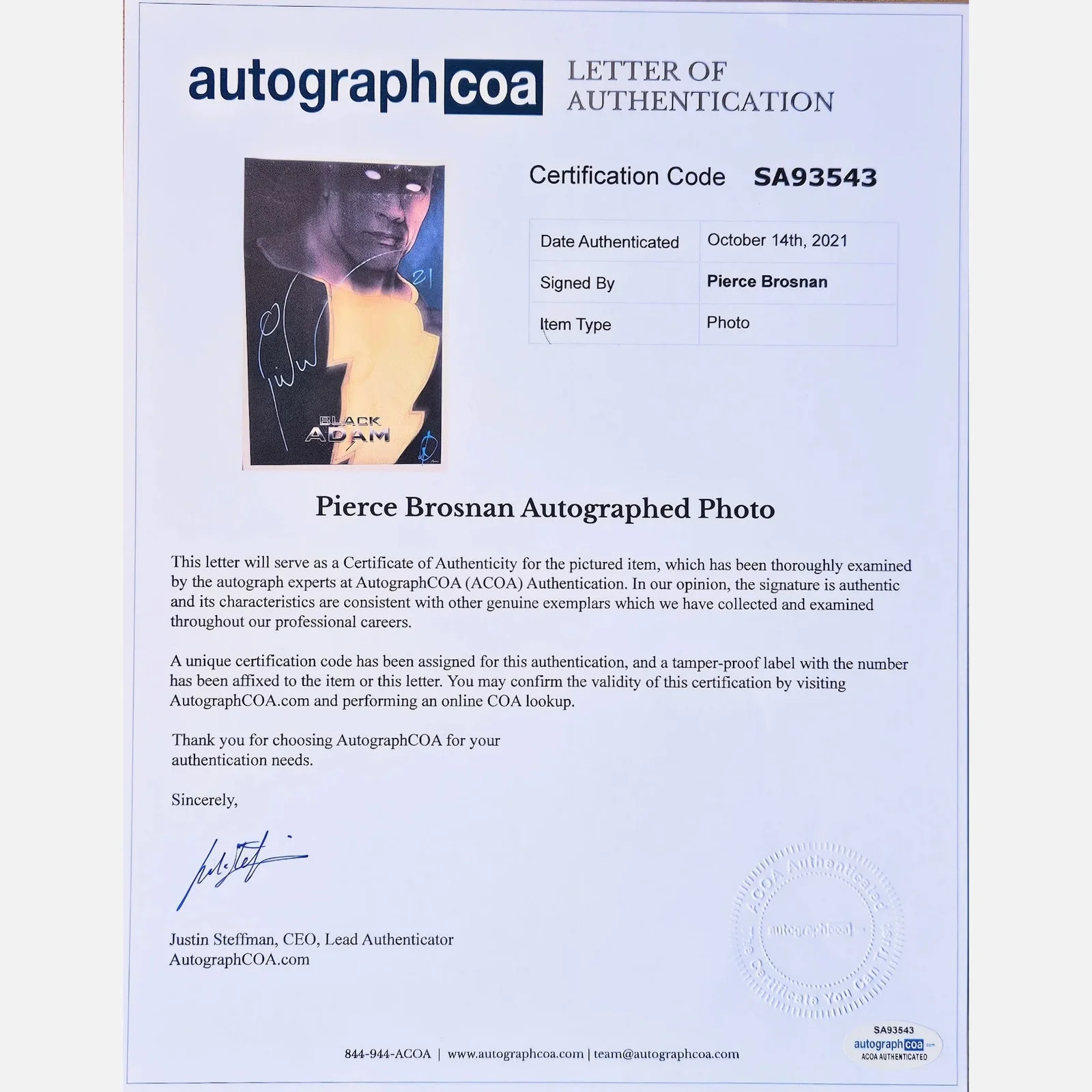 PIERCE BROSNAN autograph ACOA LOA signed 12x19 poster BLACK ADAM — PIERCE BROSNAN autograph ACOA LOA signed 12x19 poster BLACK ADAM, изображение 2
