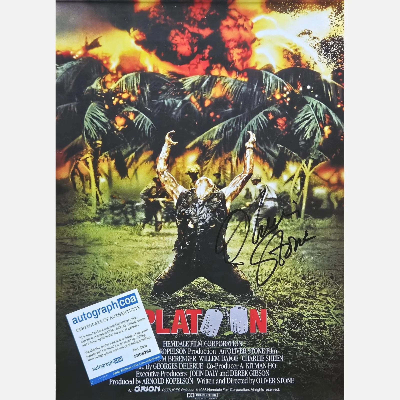 OLIVER STONE autograph ACOA signed poster 12x17 PLATOON — OLIVER STONE autograph ACOA signed poster 12x17 PLATOON, image 2