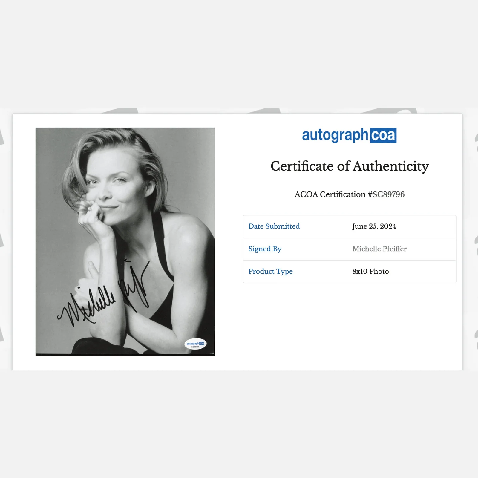 MICHELLE PFEIFFER autograph ACOA signed 8x10 photography B — MICHELLE PFEIFFER autograph ACOA signed 8x10 photography B&W, изображение 3