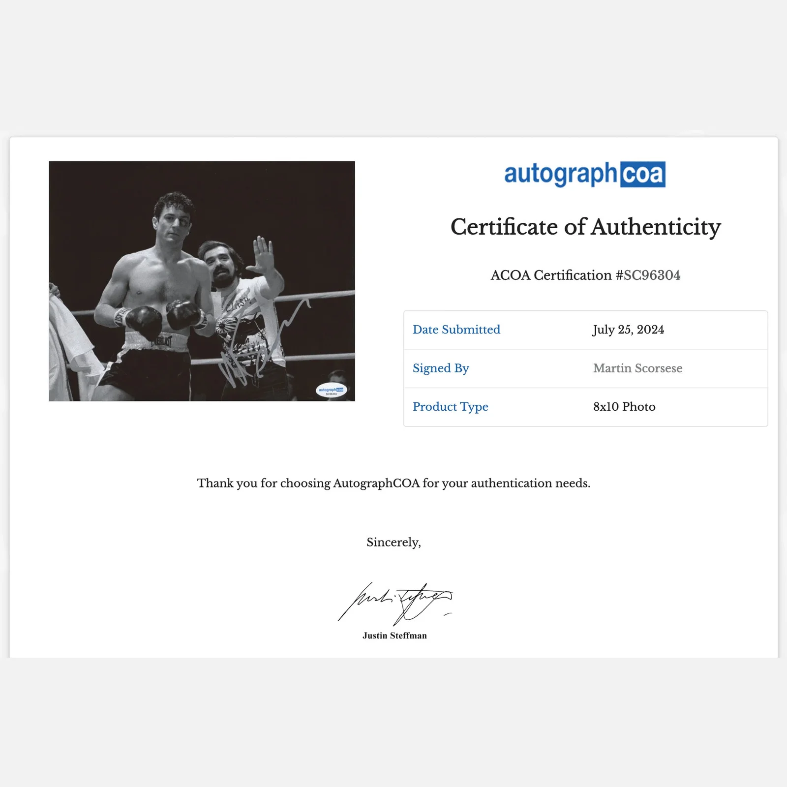 MARTIN SCORSESE autograph ACOA signed 8x10 photography RAGING — MARTIN SCORSESE autograph ACOA signed 8x10 photography RAGING BULL, image 2