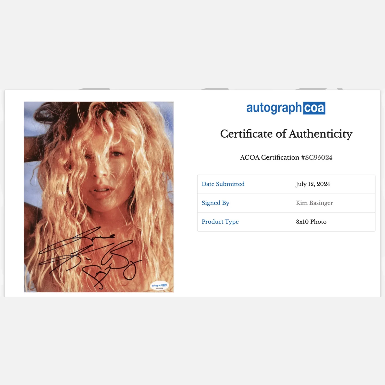 KIM BASINGER autograph ACOA signed 8x10 photography — KIM BASINGER autograph ACOA signed 8x10 photography, image 3