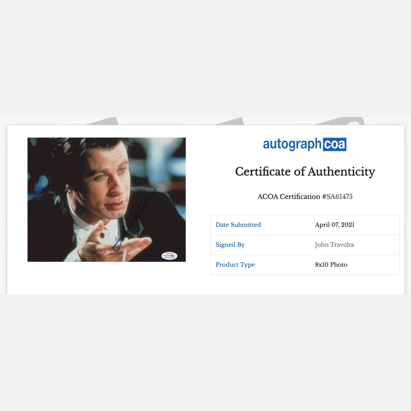 JOHN TRAVOLTA autograph ACOA signed 8x10 photography PULP FICTION — JOHN TRAVOLTA autograph ACOA signed 8x10 photography PULP FICTION, изображение 2
