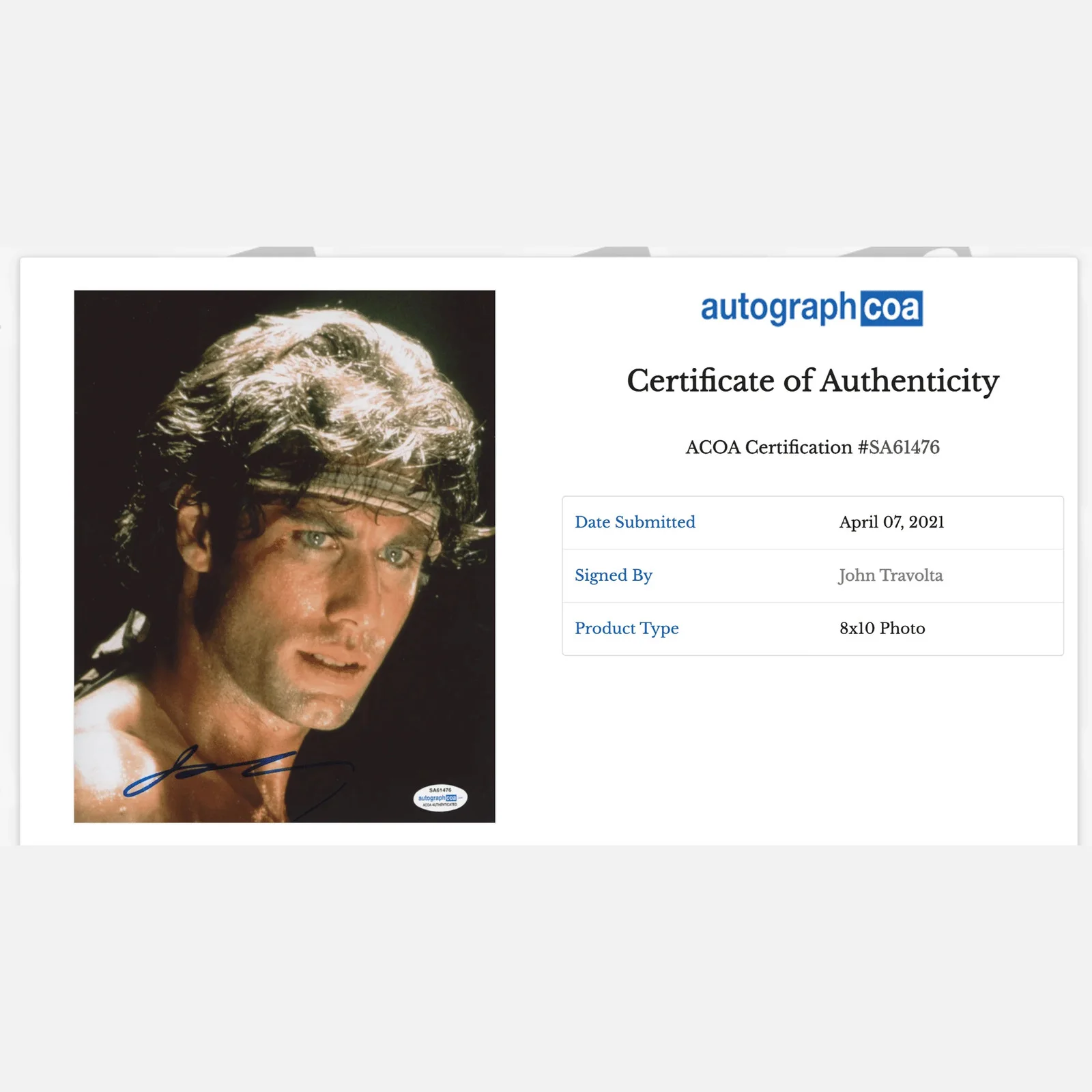 JOHN TRAVOLTA autograph ACOA signed 8x10 photography — JOHN TRAVOLTA autograph ACOA signed 8x10 photography, image 2