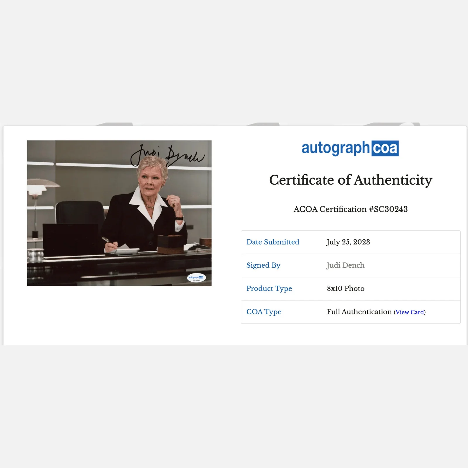 JUDI DENCH autograph ACOA signed 8x10 photography JAMES BOND 007 — JUDI DENCH autograph ACOA signed 8x10 photography JAMES BOND 007, изображение 2