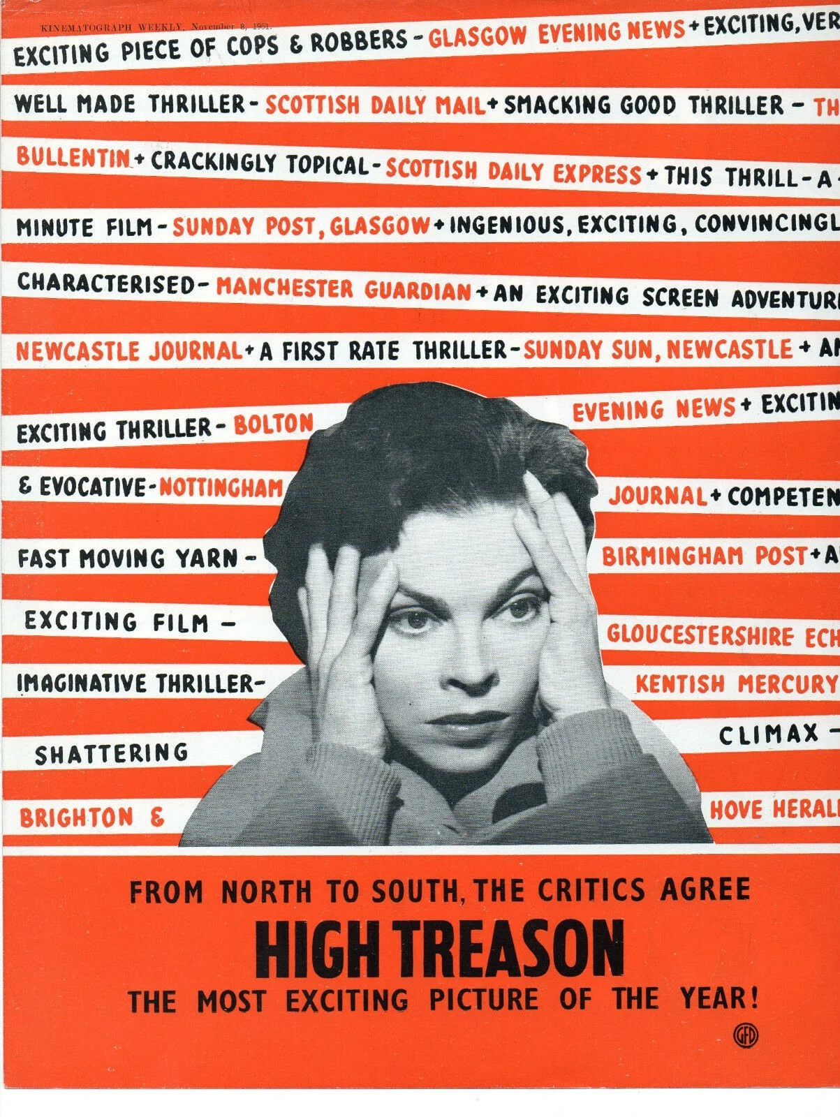 CRY DANGER 1951 Dick Powell, Rhonda Fleming HIGH TREASON TRADE ADVERT, image 2