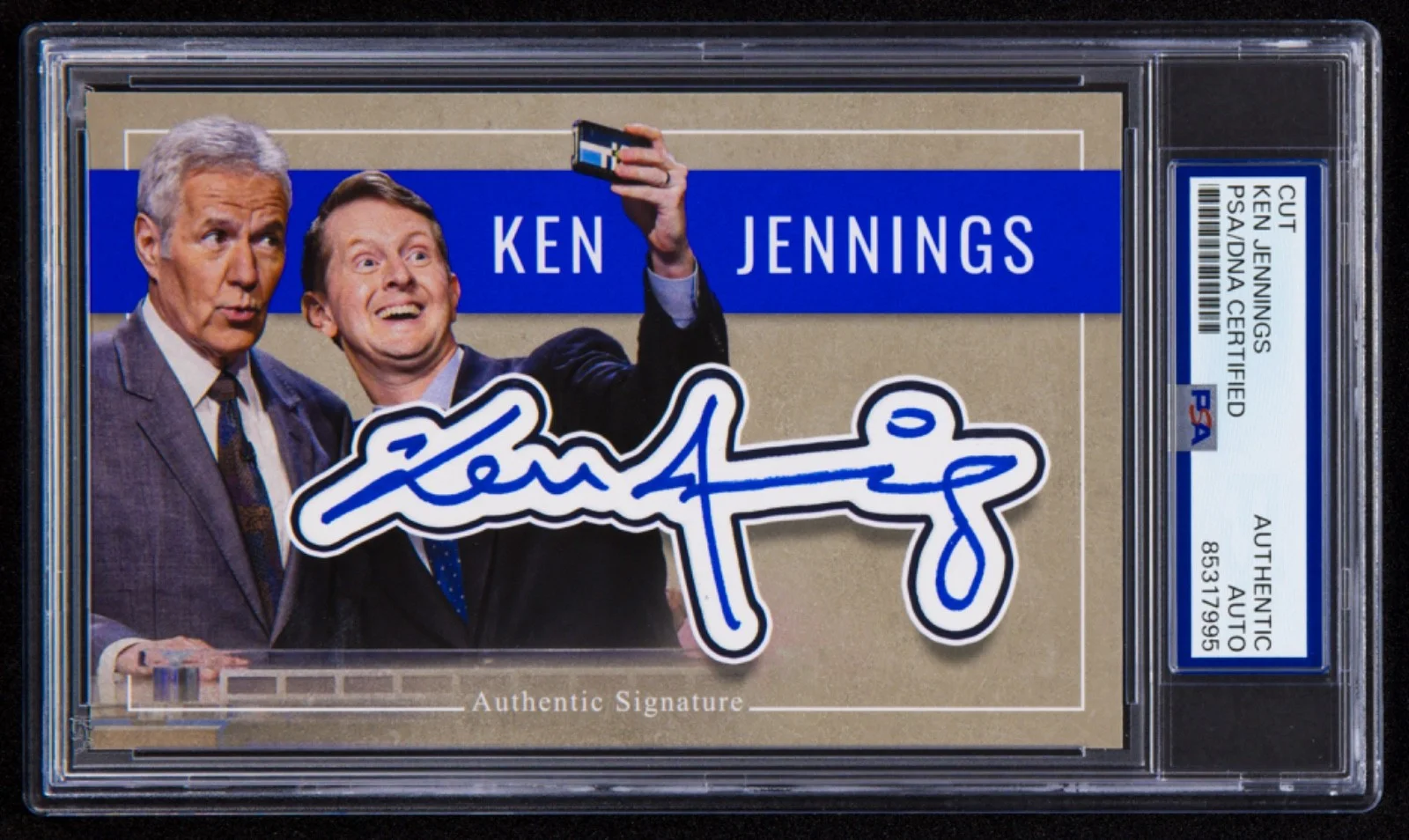 Ken Jennings — Ken Jennings Signed Cut (PSA) Custom Jeopardy Host Photo Card Alex Trebek