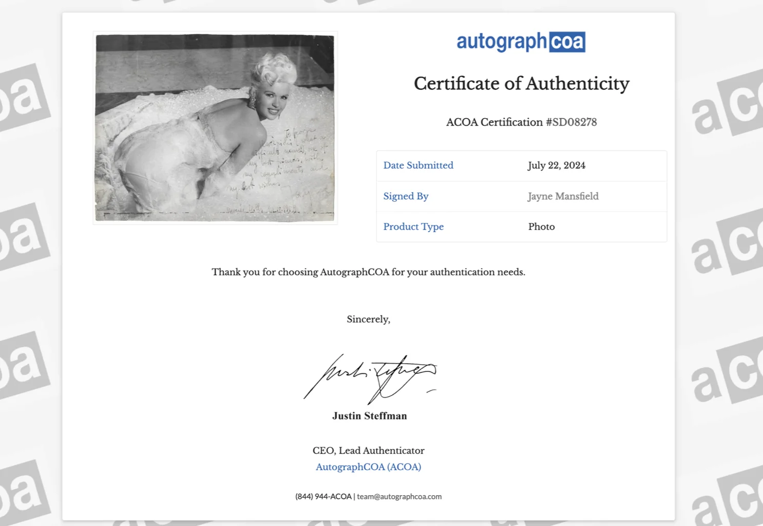 JAYNE MANSFIELD autograph ACOA signed 7x9 vintage photography — JAYNE MANSFIELD autograph ACOA signed 7x9 vintage photography, изображение 3