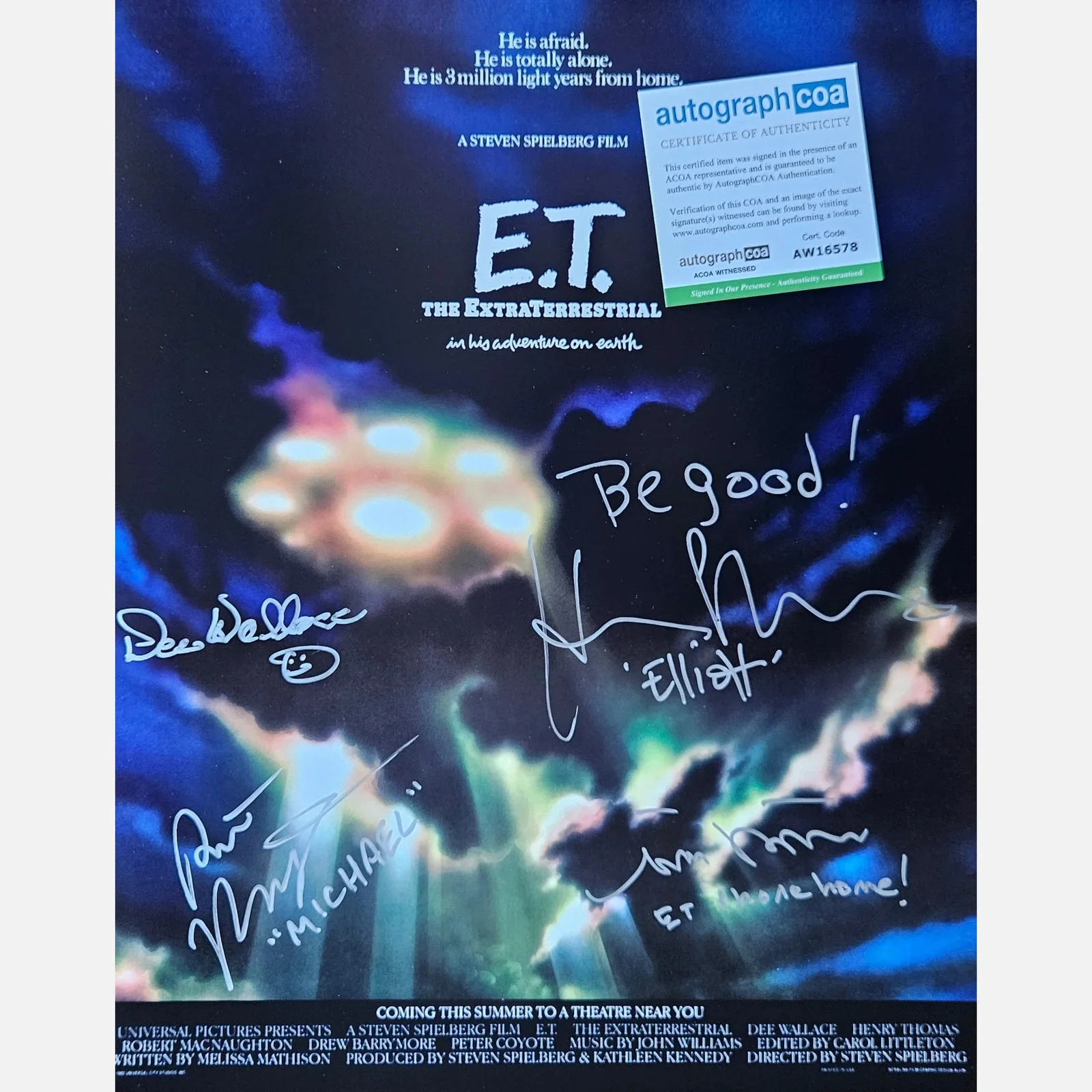 HENRY THOMAS, DEE WALLACE — HENRY THOMAS, DEE WALLACE & 2 MORE autographs ACOA signed ET poster 16x20, image 2