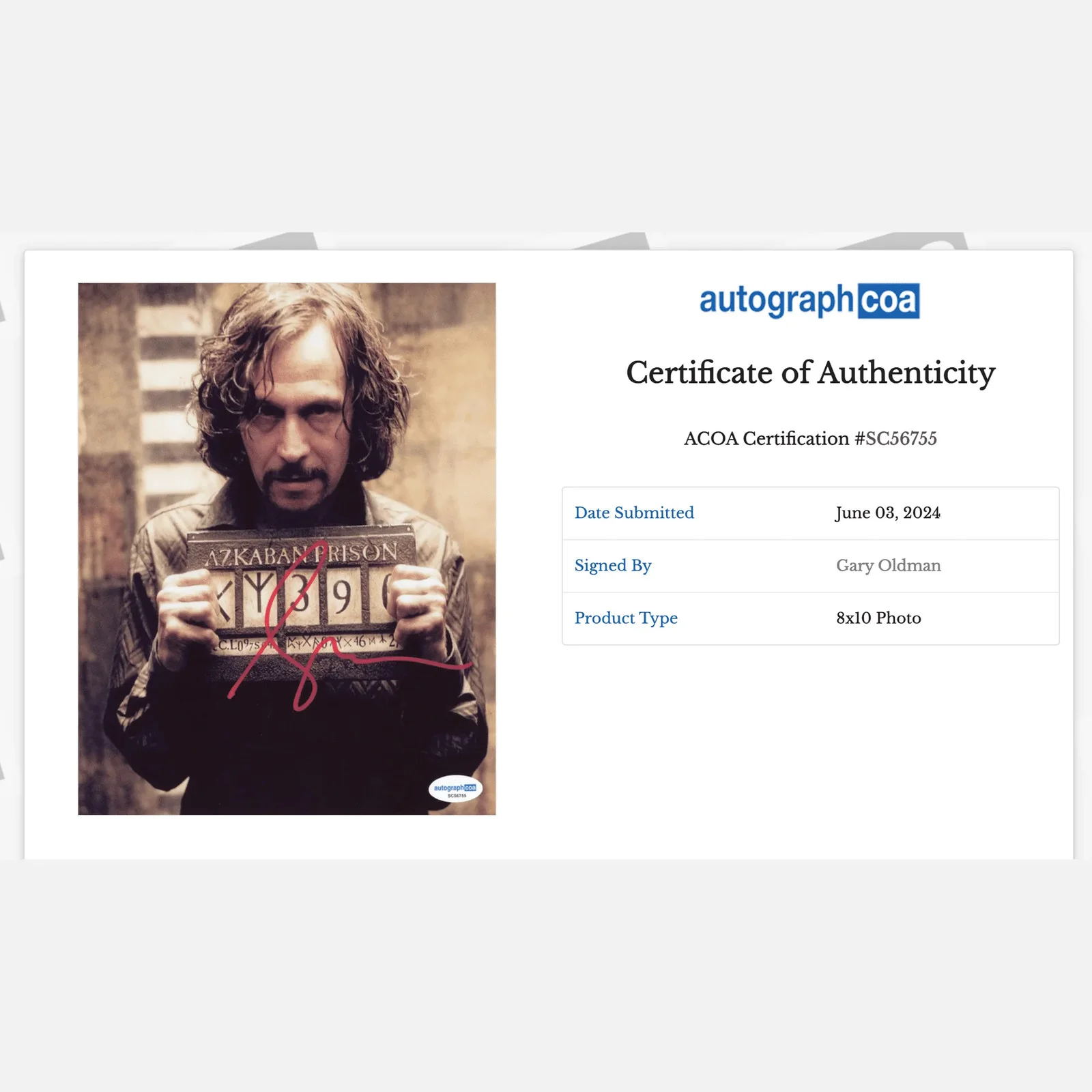 GARY OLDMAN autograph ACOA signed 8x10 photography HARRY POTTER — GARY OLDMAN autograph ACOA signed 8x10 photography HARRY POTTER, image 2