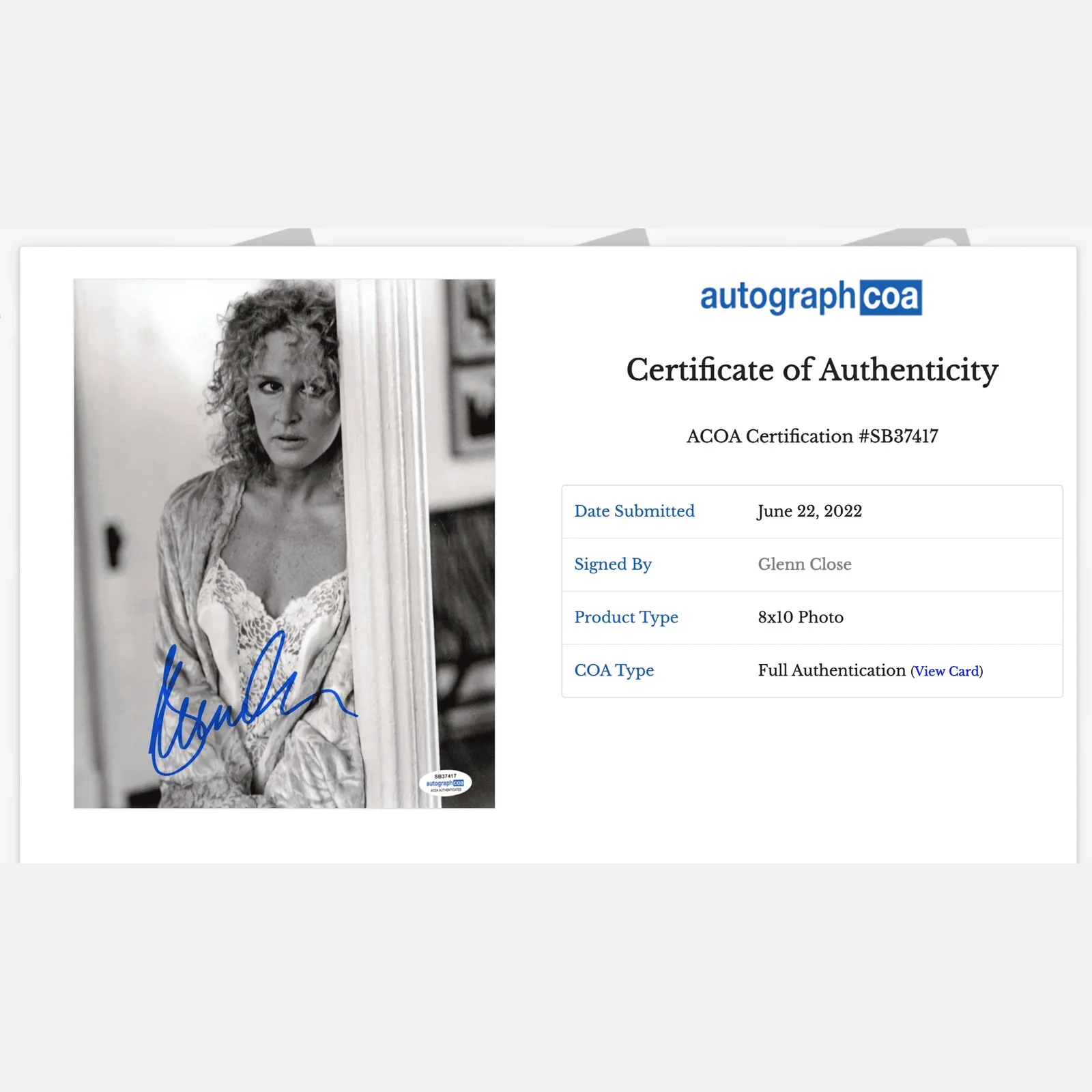 GLENN CLOSE autograph ACOA signed 8x10 photography Fatal — GLENN CLOSE autograph ACOA signed 8x10 photography Fatal Attraction, image 2