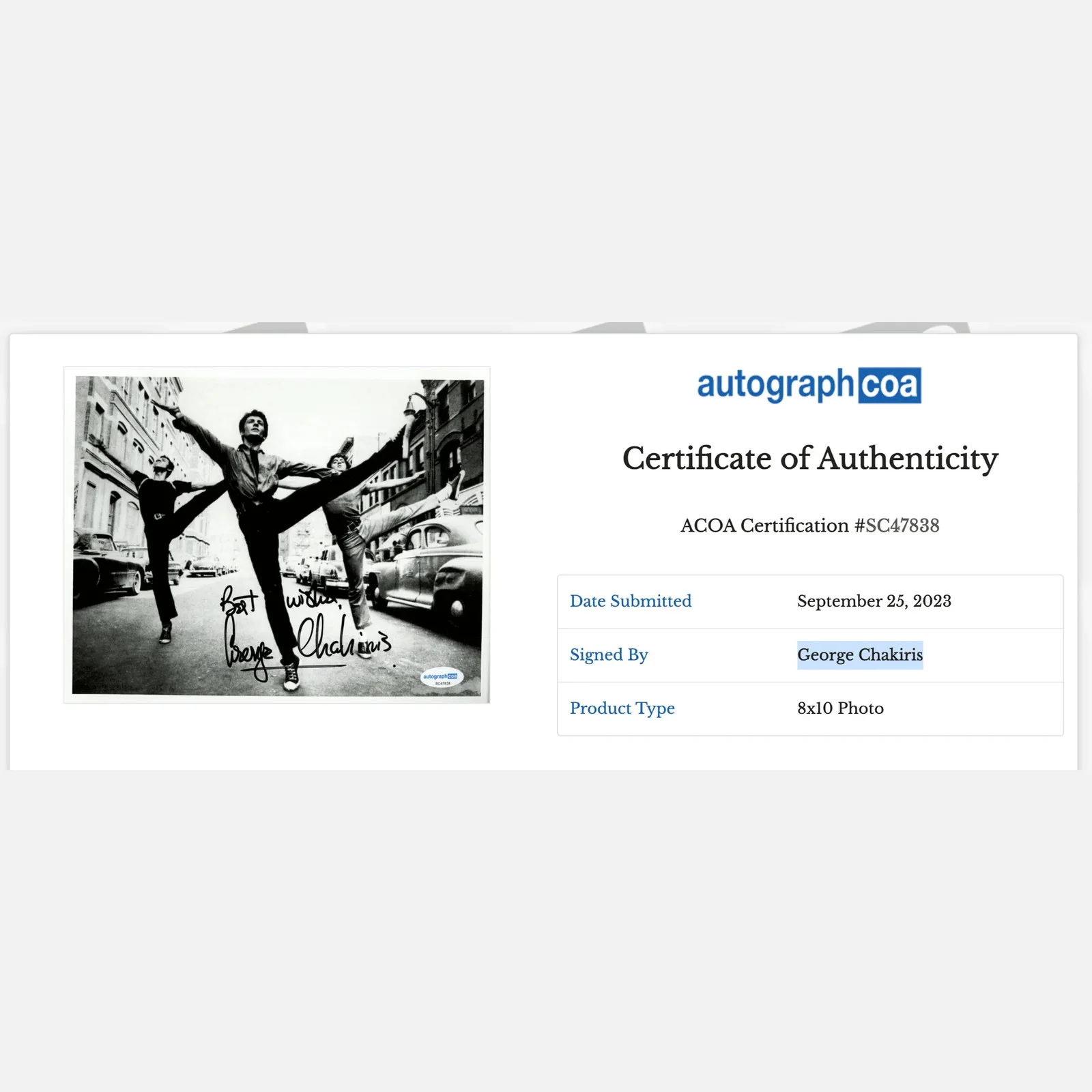 GEORGE CHAKIRIS autograph ACOA signed 8x10 photography West Side — GEORGE CHAKIRIS autograph ACOA signed 8x10 photography West Side Story, изображение 2