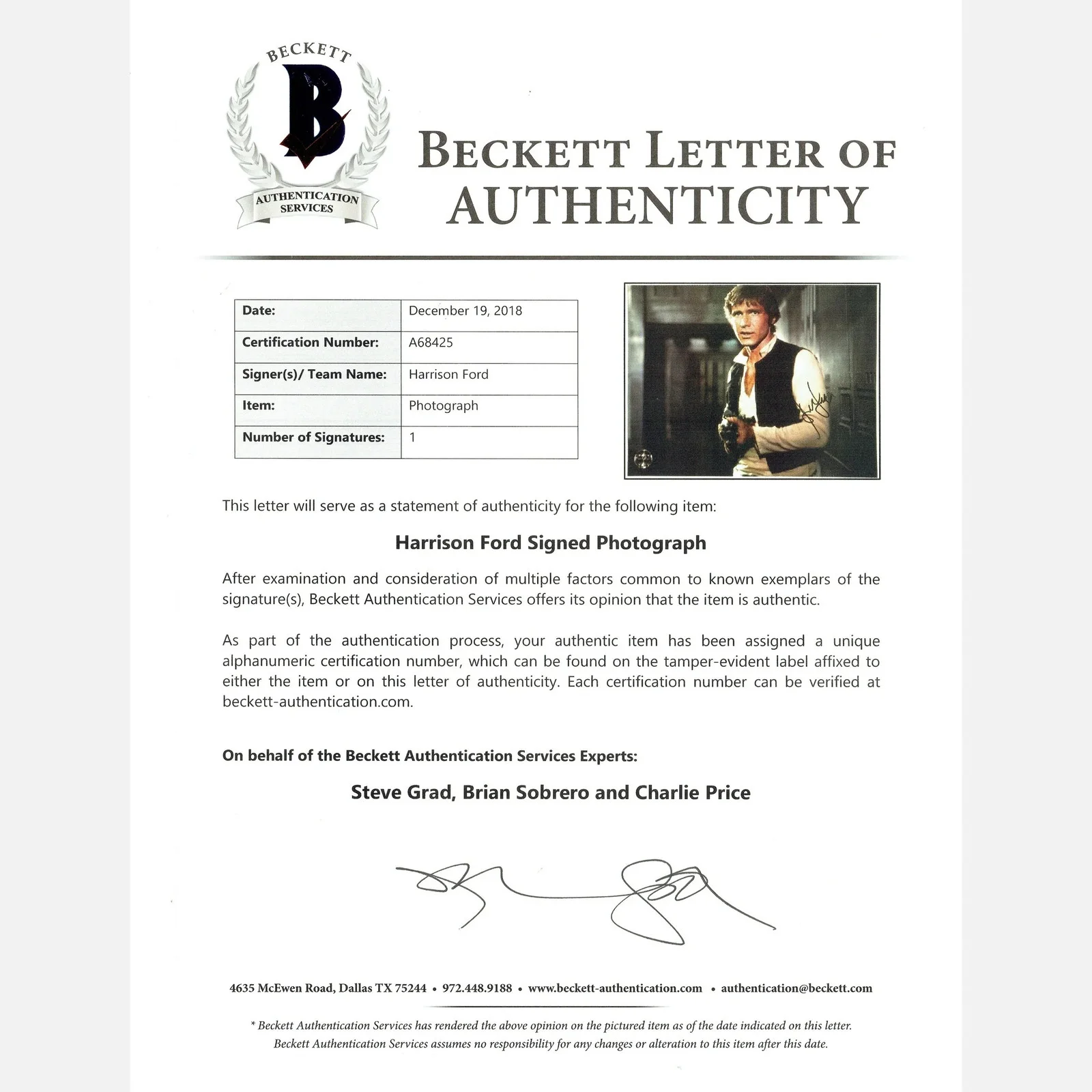 HARRISON FORD autograph BECKETT LOA, ACOA signed 11x14 — HARRISON FORD autograph BECKETT LOA & ACOA signed 11x14 photography STAR WARS, изображение 3