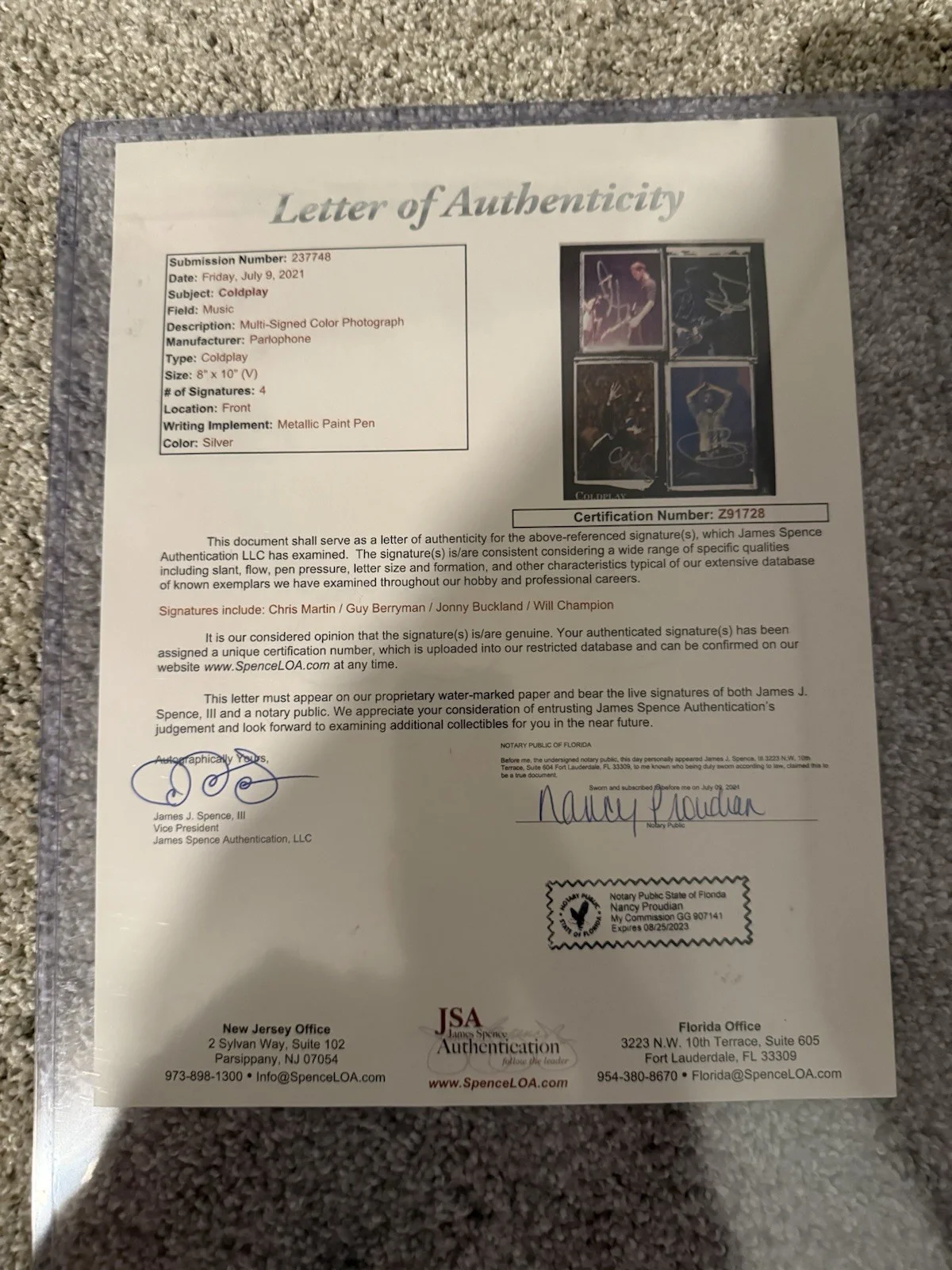 Coldplay FULL BAND Signed 8x10 Photo (11x17 Display) CHRIS MARTIN JSA COA LETTER, изображение 2