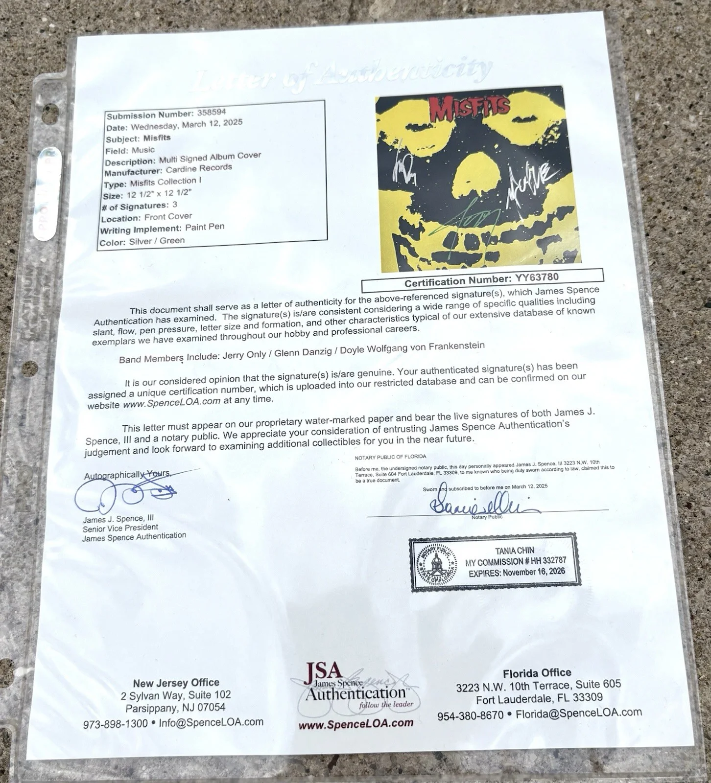 MISFITS SIGNED Vinyl JSA LETTER OF AUTHENTICITY, image 4