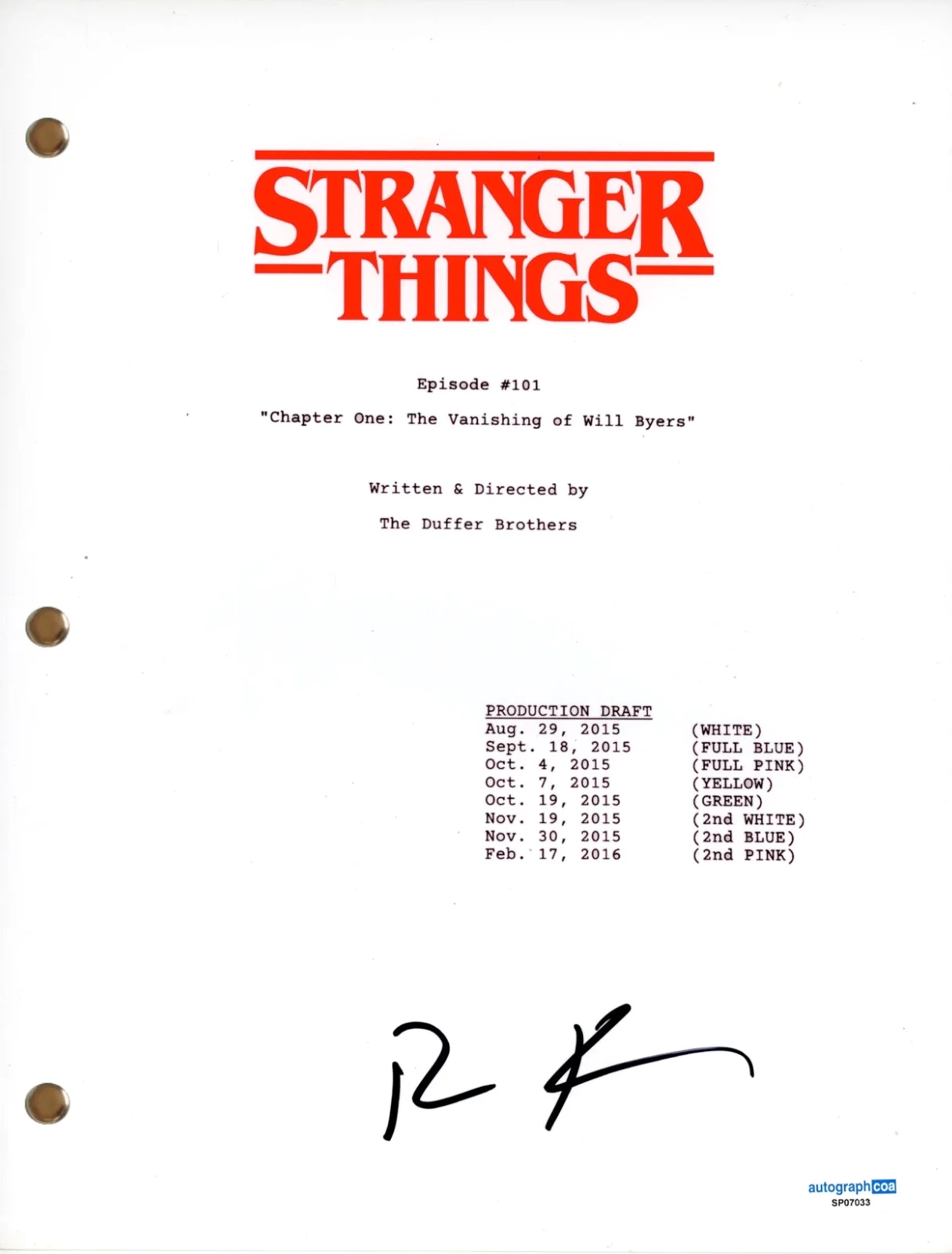 Ross Duffer — Ross Duffer "Stranger Things" Signed Autograph Full Pilot Episode Script ACOA
