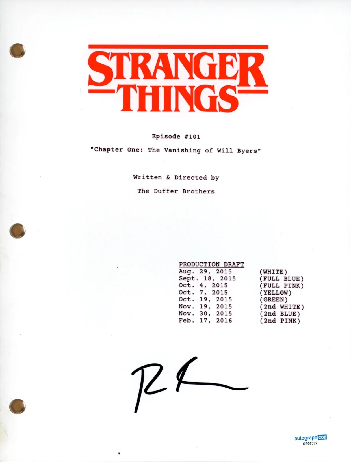 Ross Duffer — Ross Duffer "Stranger Things" Signed Autograph Full Pilot Episode Script ACOA, изображение 2