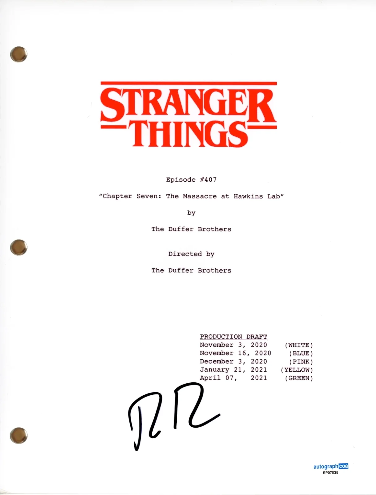 Ross Duffer — Ross Duffer "Stranger Things" Signed Autograph Full Episode 407 Script ACOA