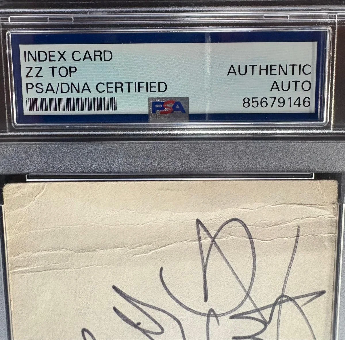 Frank Beard, Billy Gibbons, Dusty Hill — ZZ TOP SIGNED INDEX CARD PSA ENCAPSULATED X3 BEARD GIBBONS HILL VINTAGE INSCRIP, image 2