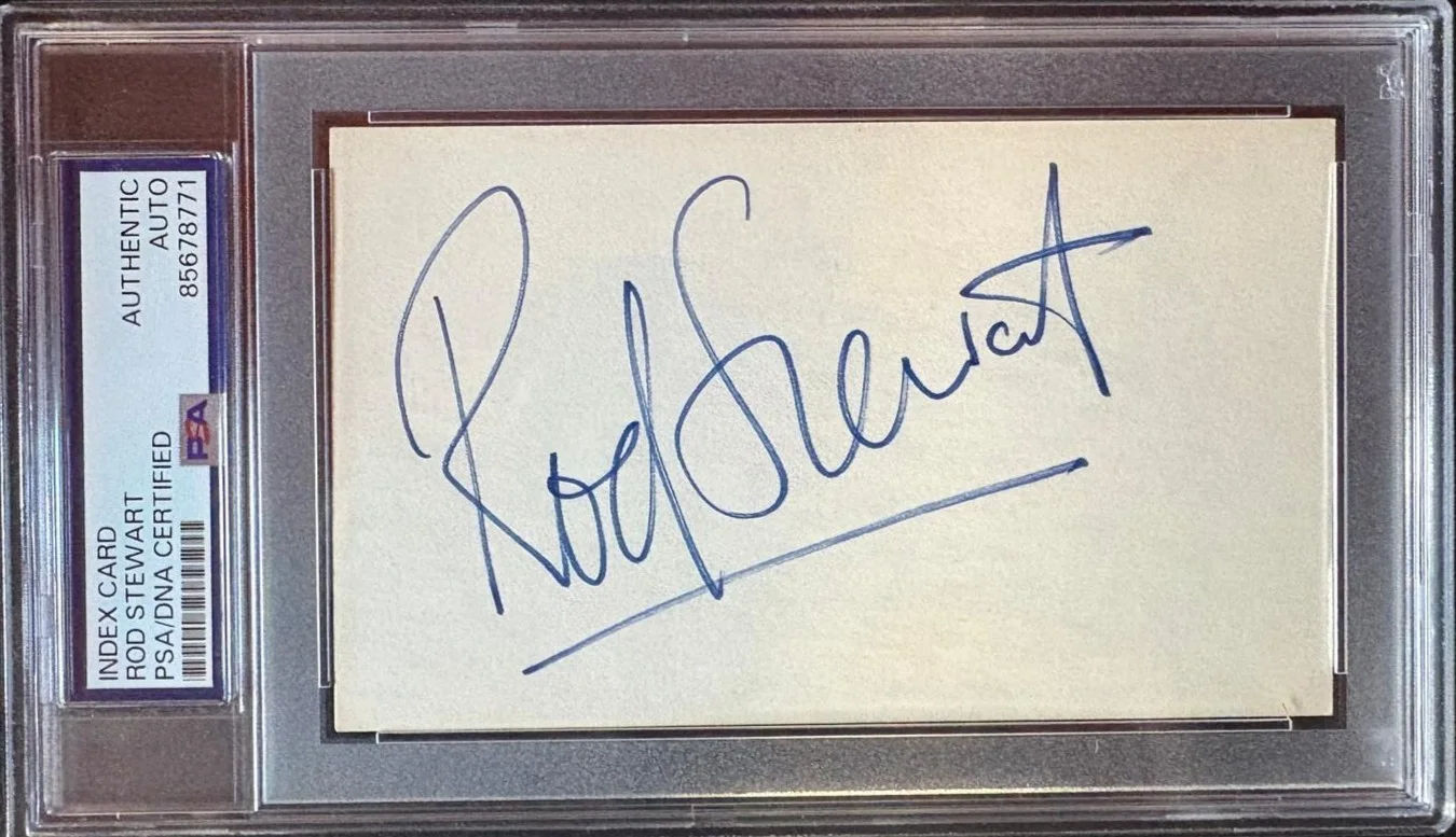 Rod Stewart — ROD STEWART SIGNED INDEX CARD PSA ENCAPSULATED HAVE YOU EVER SEEN THE RAIN FULL