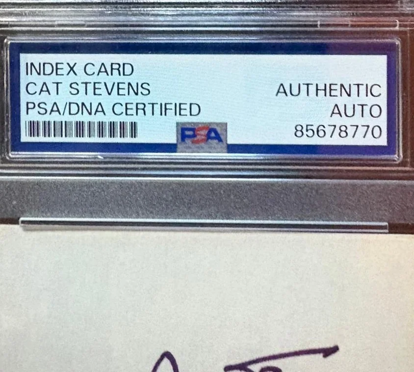 Cat Stevens — CAT STEVENS YUSUF ISLAM SIGNED INDEX CARD PSA ENCAPSULATED WILD WORLD VINTAGE, изображение 2