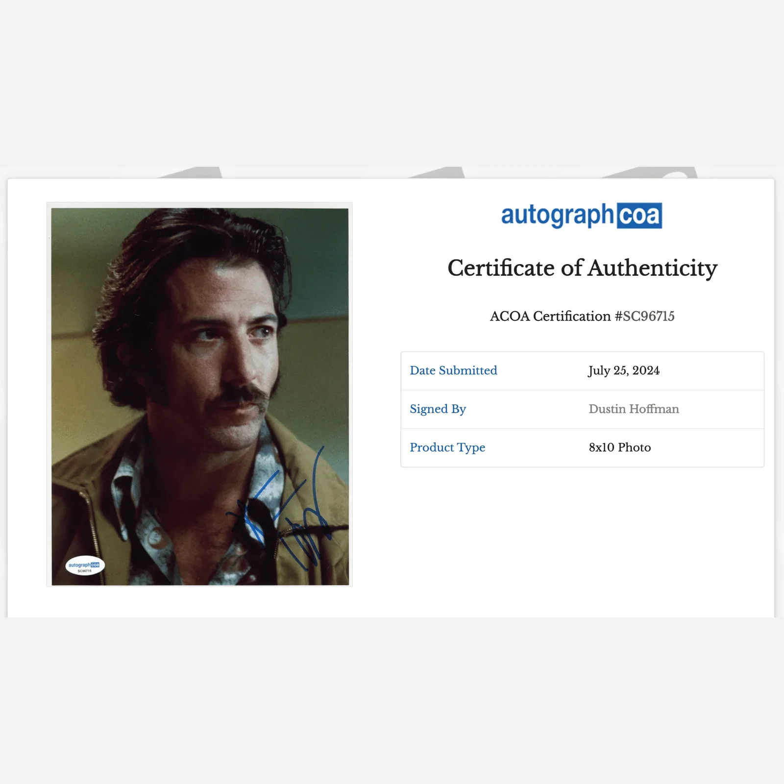 DUSTIN HOFFMAN autograph ACOA signed 8x10 photography — DUSTIN HOFFMAN autograph ACOA signed 8x10 photography, image 2