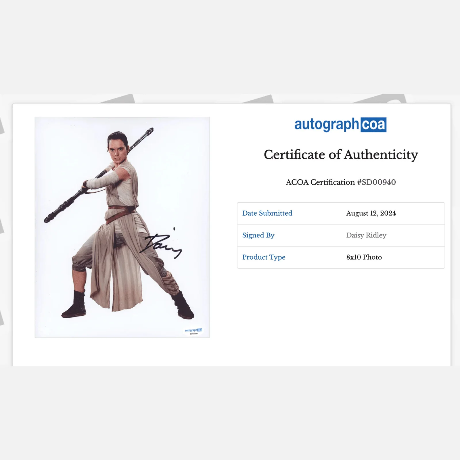 DAISY RIDLEY autograph ACOA signed 8x10 photography STAR WARS — DAISY RIDLEY autograph ACOA signed 8x10 photography STAR WARS, изображение 2