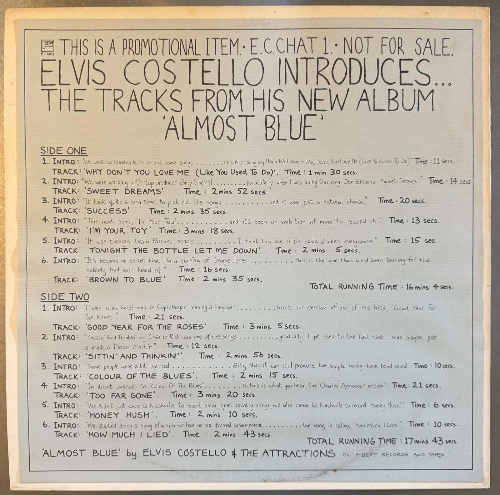 Elvis Costello & The Attractions promo Almost Blue signed LP autographed vinyl, изображение 2