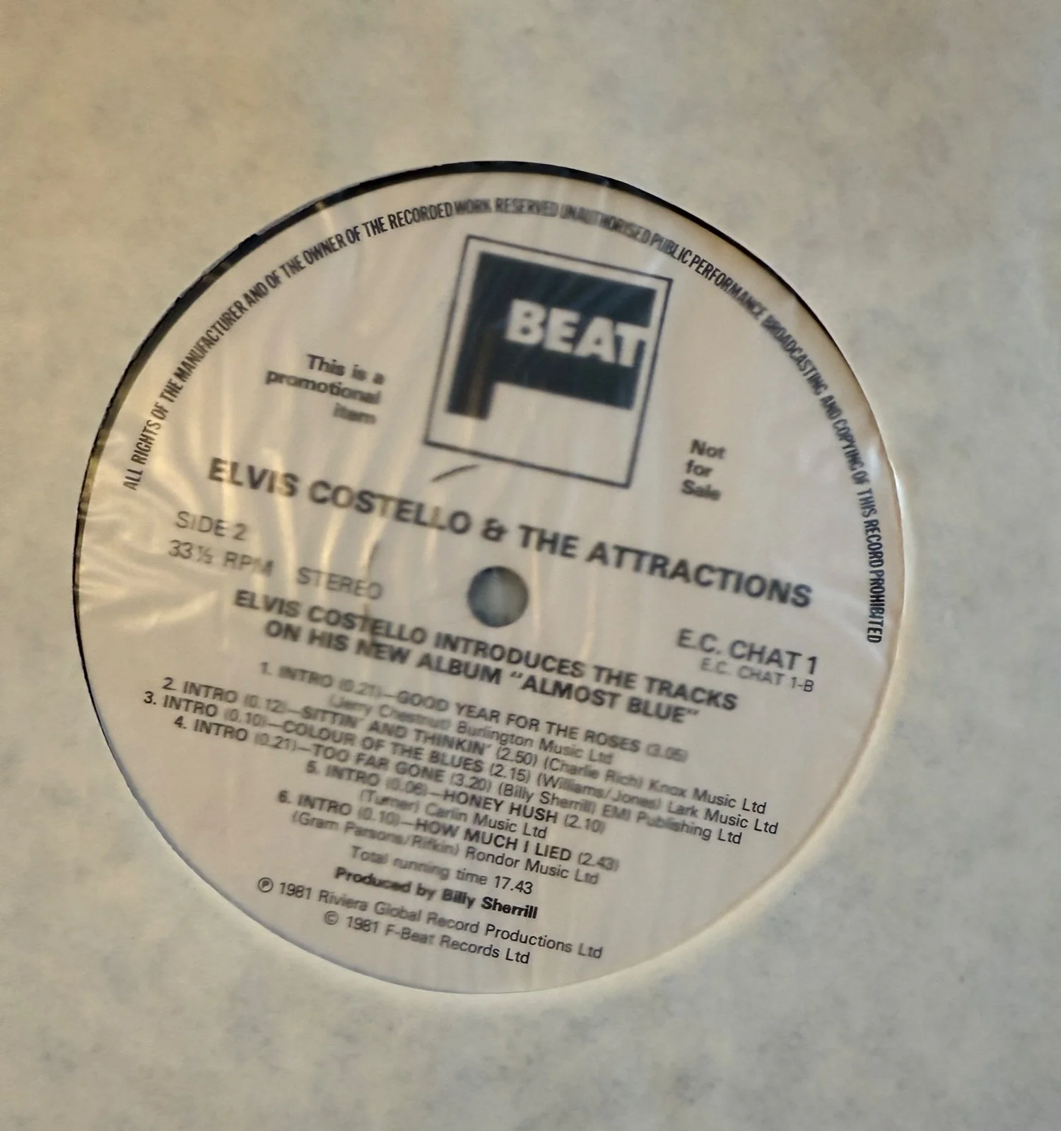 Elvis Costello & The Attractions promo Almost Blue signed LP autographed vinyl, изображение 3