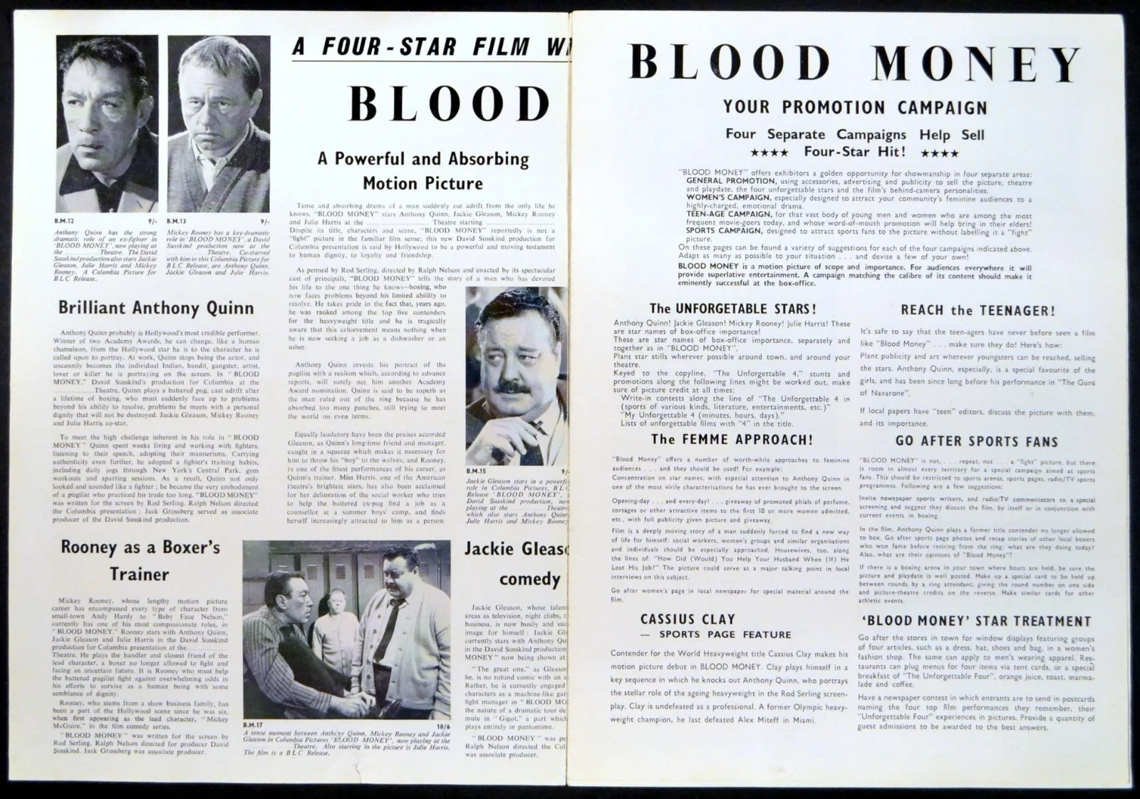BLOOD MONEY 1962 Anthony Quinn, Jackie Gleason, Muhammad Ali UK CAMPAIGN BOOK, изображение 2