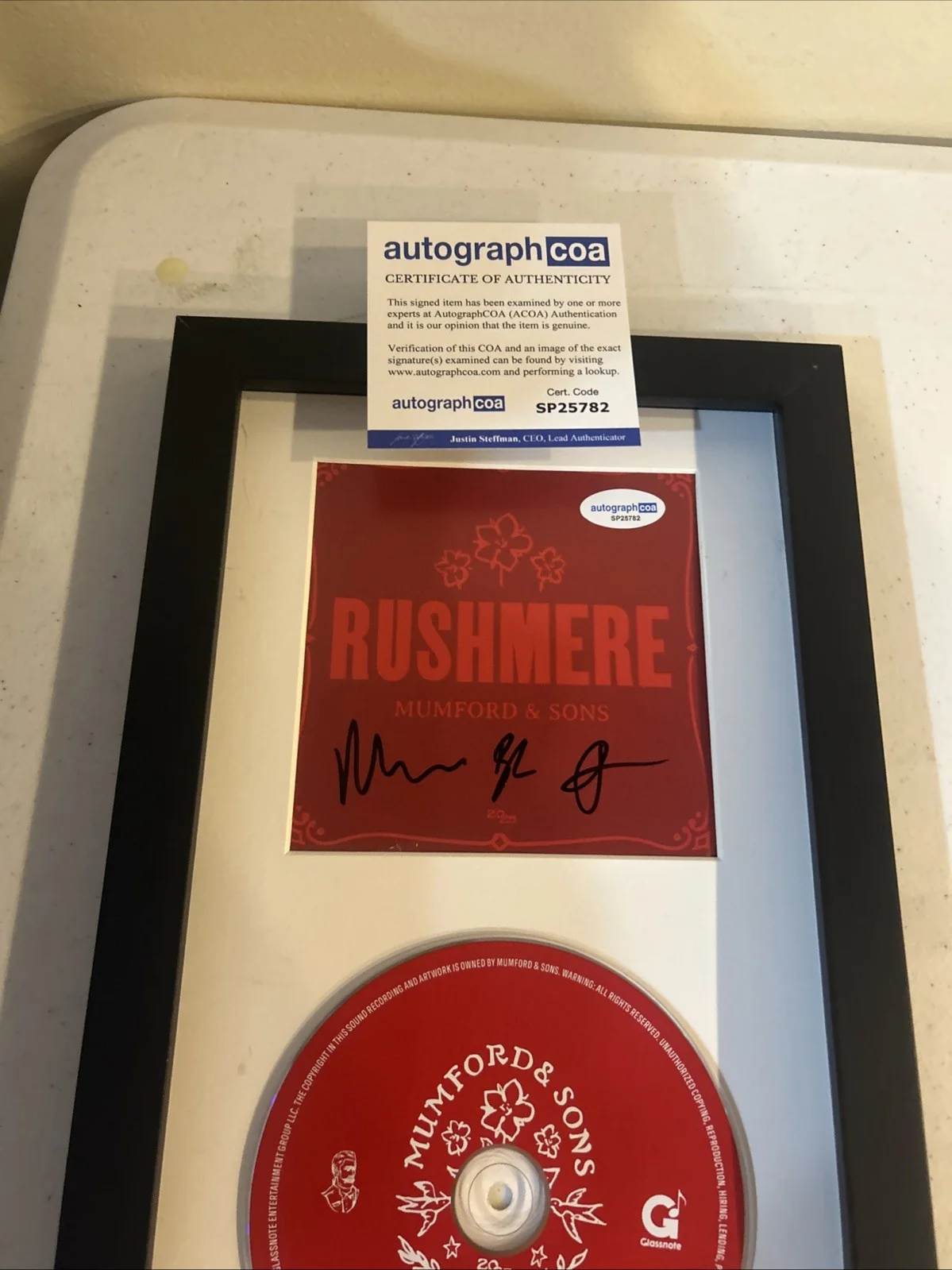 MUMFORD & SONS SIGNED AUTOGRAPH FRAMED CD DISPLAY RUSHMERE RECORD ACOA, image 3