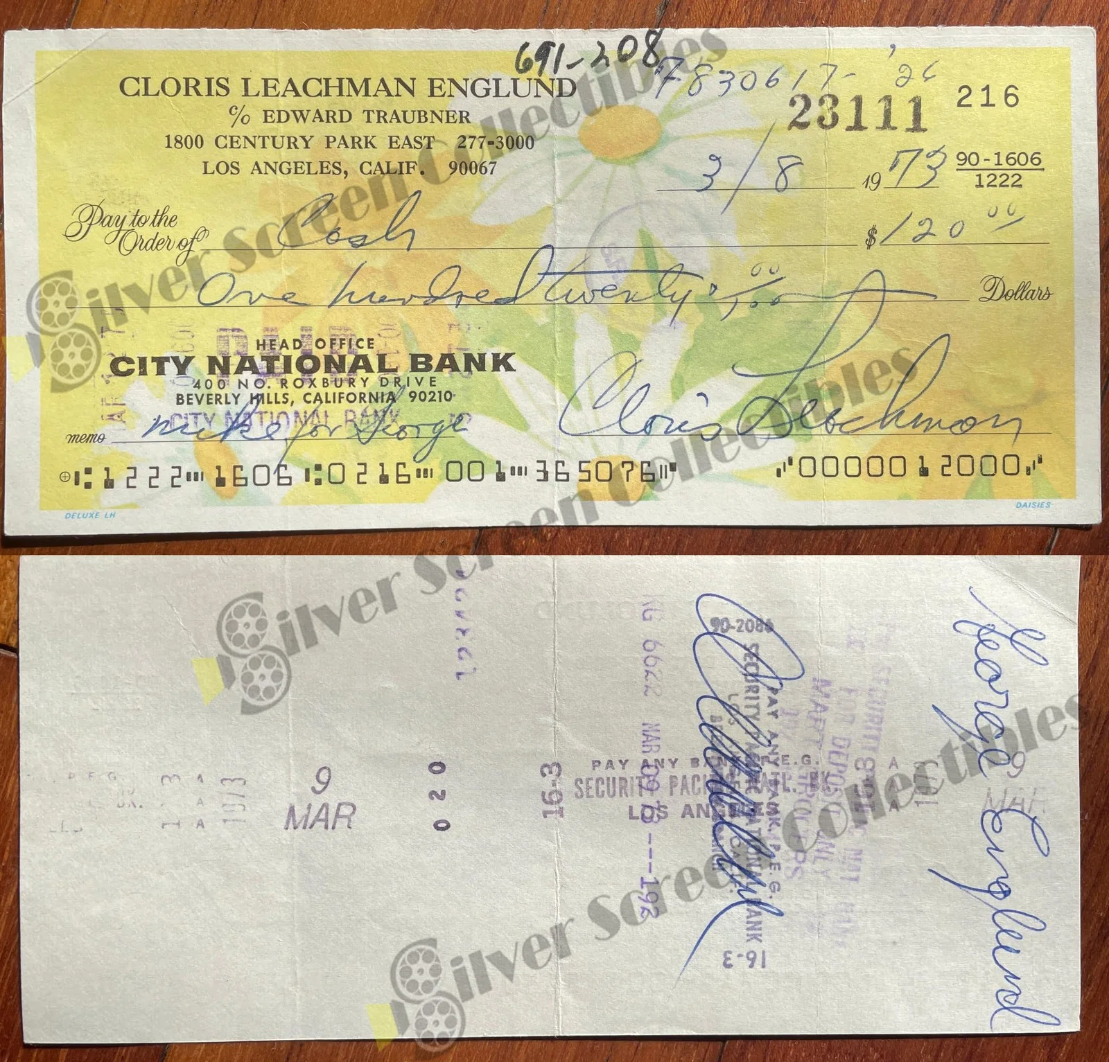 Cloris Leachman - Original Signed Bank Check, image 2