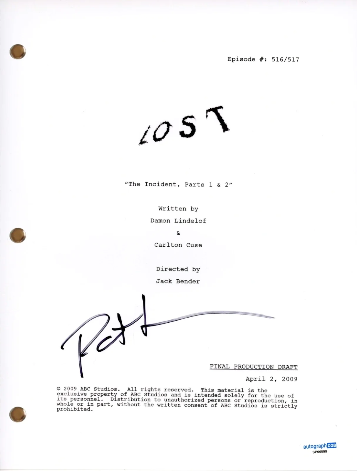 Patrick Fischler — Patrick Fischler "Lost" Signed The Incident Parts 1 & 2 Episode Script Phil ACOA